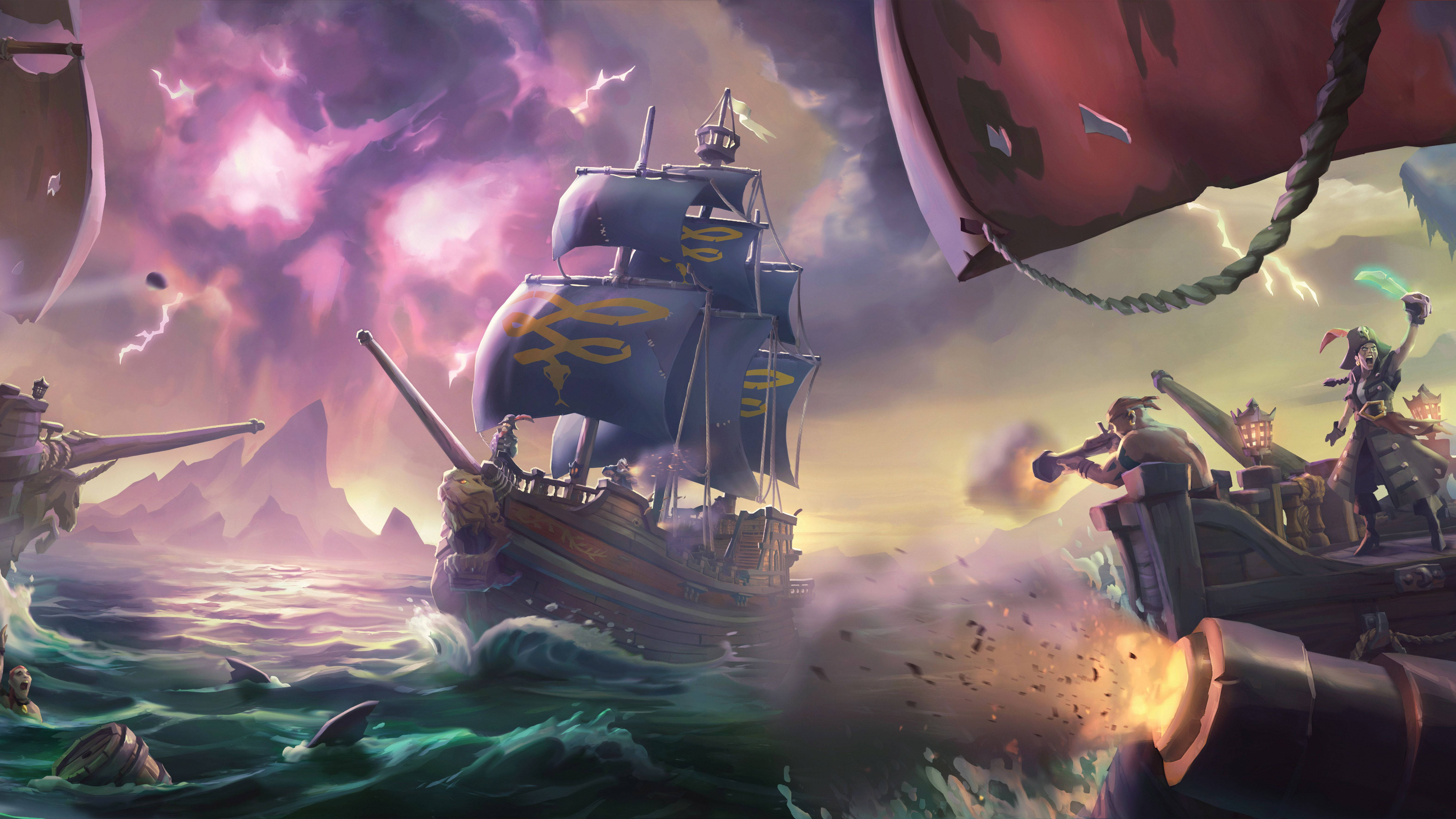 Sea Of Thieves 桌布 壁紙 — 海盜船在風暴海洋中碰撞，天空佈滿紫色閃電，遠處有鋸齒狀山脈。