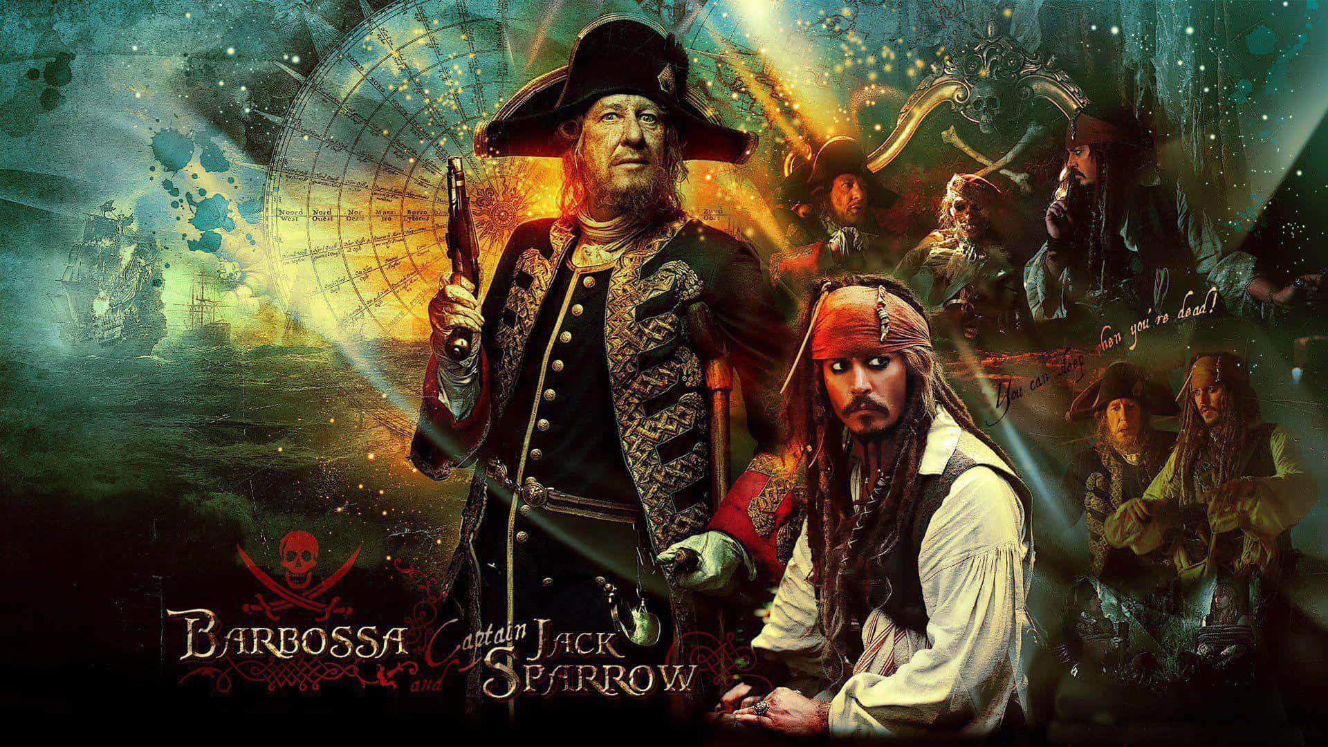 Pirates Of The Caribbean 桌布 壁紙 — 海盜船長傑克·史派羅和巴博薩船長站在發光的羅盤前，船隻和船員在神秘的海景背景中。