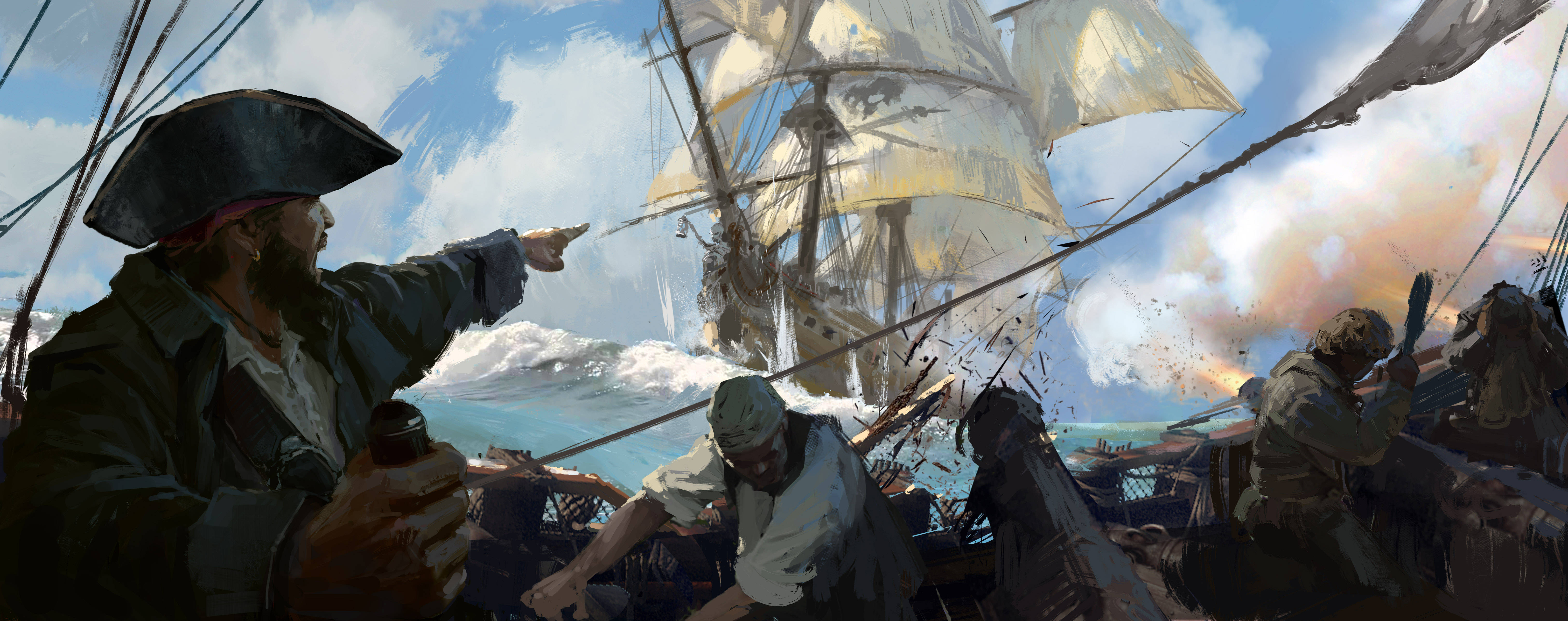 海盜 桌布 壁紙 — 海盜船長在明亮的天空下，指揮船員進行激烈的海戰，船隻爆炸，海浪翻騰。