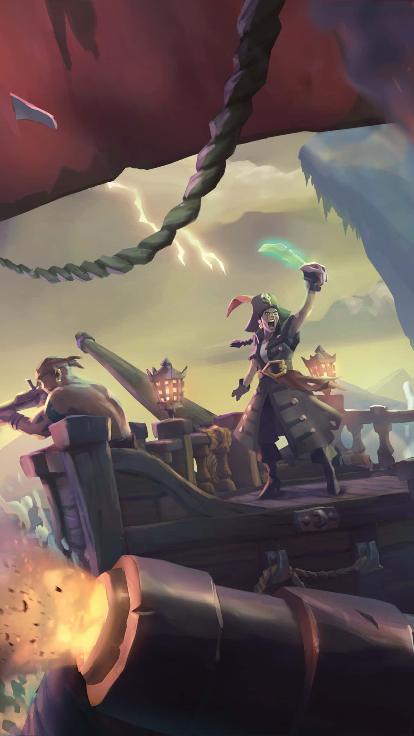 Sea Of Thieves Phone 桌布 壁紙 — 海盜船長在船甲板上勝利地咆哮，大砲轟鳴，閃電在頭頂劈啪作響。