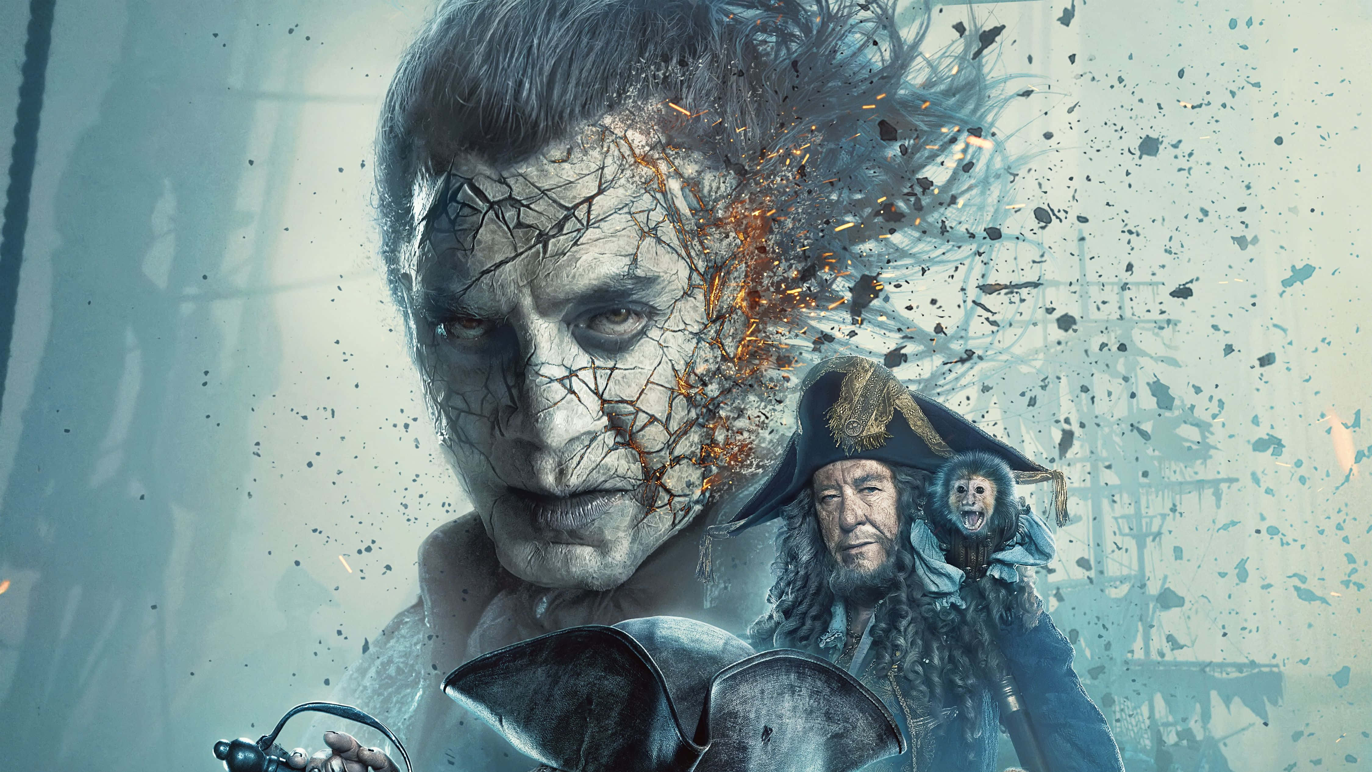 Pirates Of The Caribbean 桌布 壁紙 — 海盜船長的臉裂開並爆炸成火花，一隻猴子棲息在他的肩膀上，背景是船隻的索具。