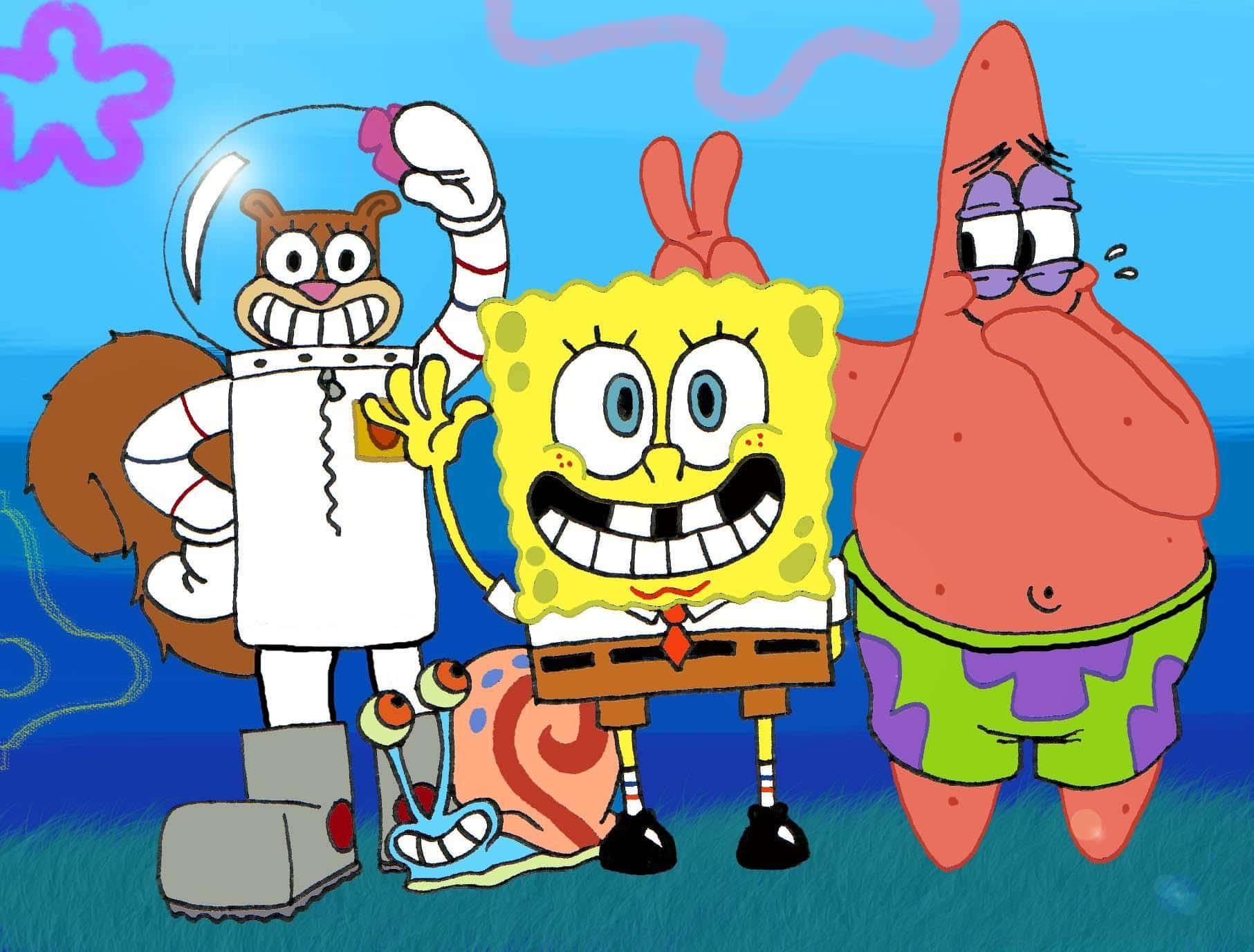 Spongebob Characters 桌布 壁紙 — 海綿寶寶、派大星和珊迪在歡樂的水下場景中，色彩鮮豔，表情卡通化。