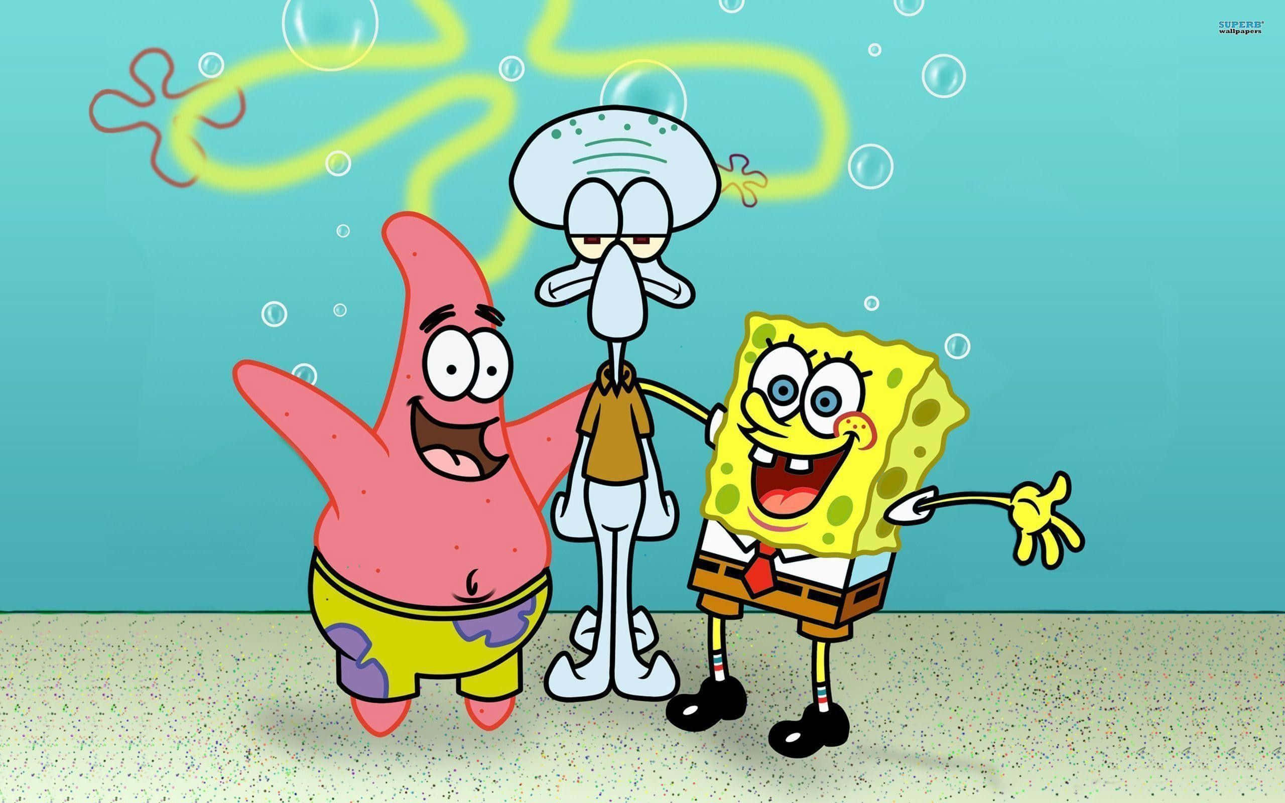 Aesthetic Spongebob Laptop 桌布 壁紙 — 海綿寶寶、派大星和章魚哥一起站在水下，在一個充滿氣泡和珊瑚的歡樂卡通場景中。