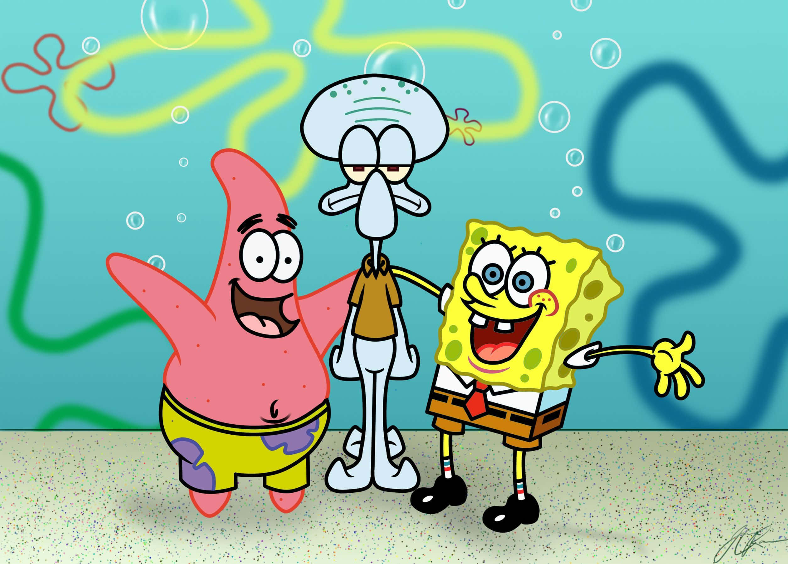 Aesthetic Squidward 桌布 壁紙 — 海綿寶寶、派大星和章魚哥一起站在水下，氣泡在他們周圍漂浮的卡通場景。