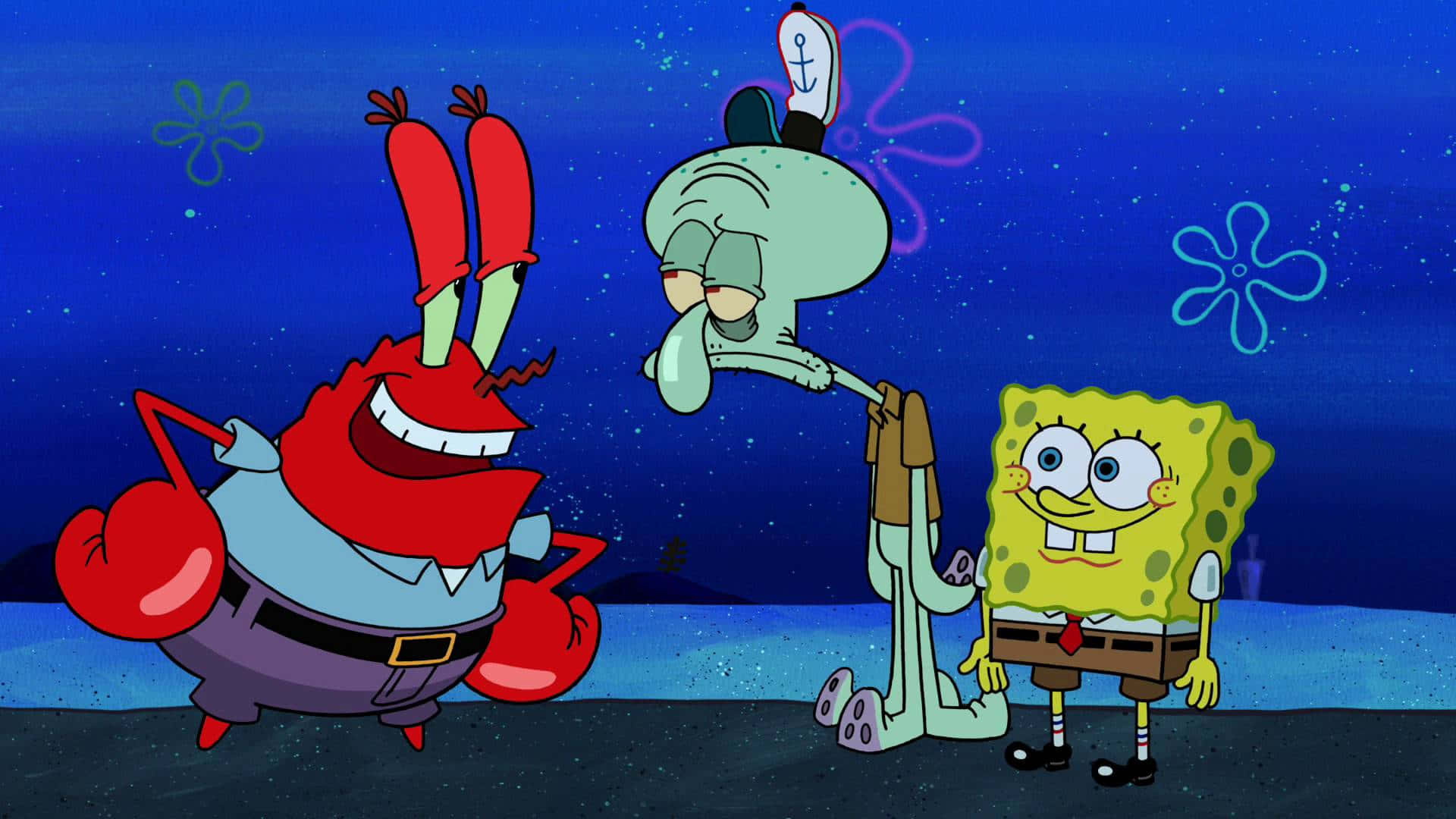 Squidward 桌布 壁紙 — 海綿寶寶、派大星和章魚哥一起站在水下，在一個卡通海洋場景中，有發光的海洋植物。