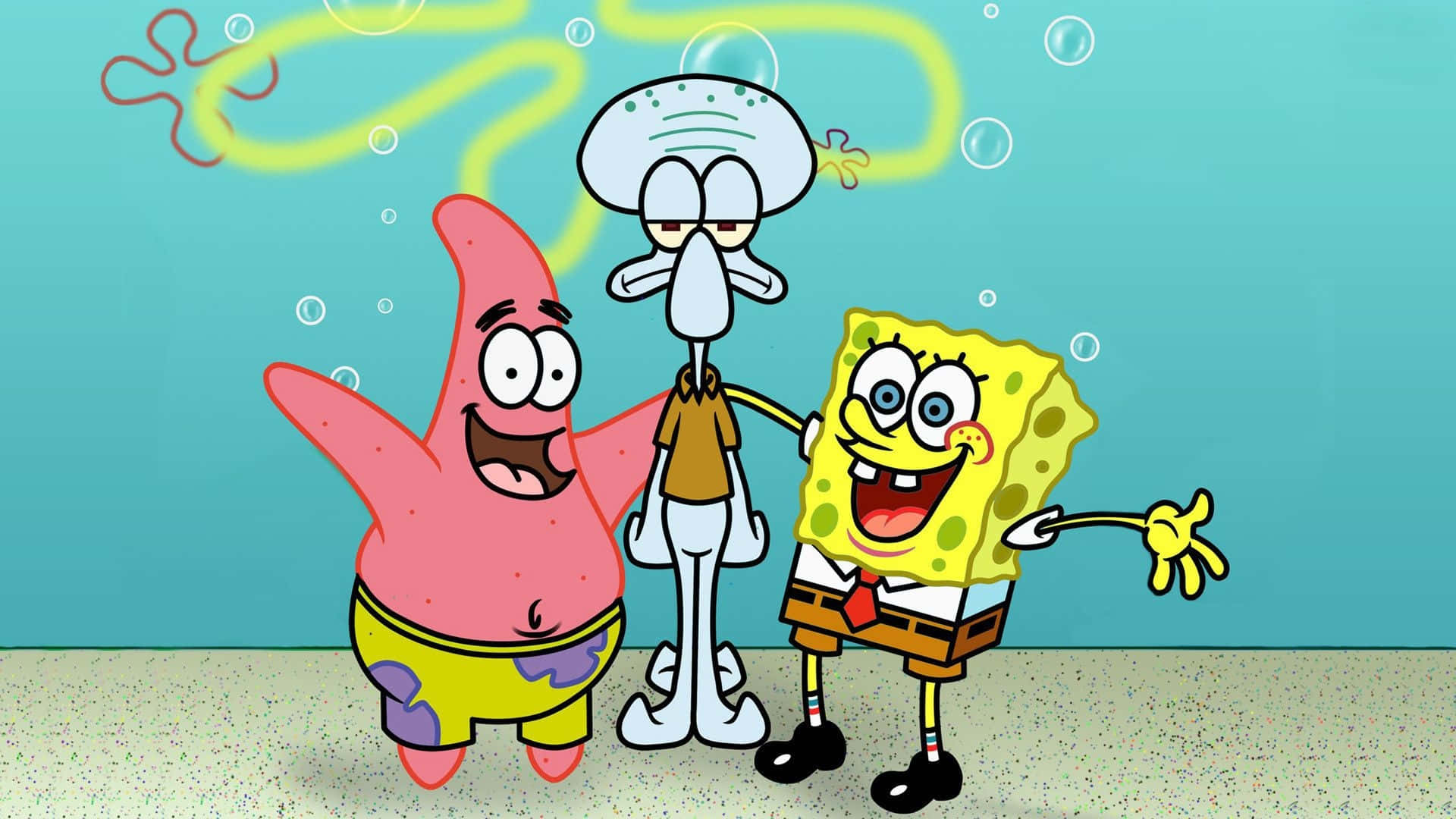 Funny Patrick 桌布 壁紙 — 海綿寶寶、派大星和章魚哥一起站在水下，在一個充滿氣泡和珊瑚的歡樂卡通場景中。