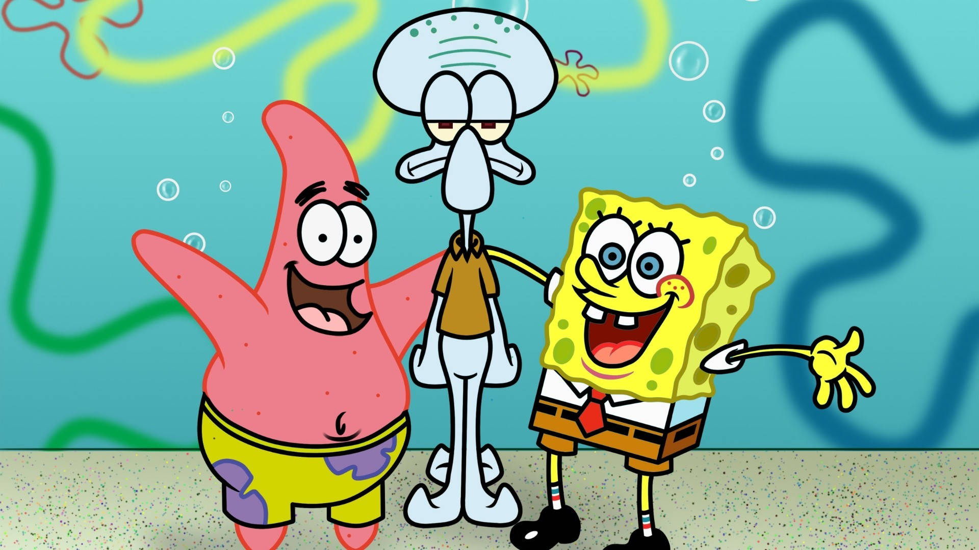 spongebob squarepants 桌布 壁紙 — 海綿寶寶、派大星和章魚哥一起站在水下，背景有氣泡和色彩繽紛的珊瑚。