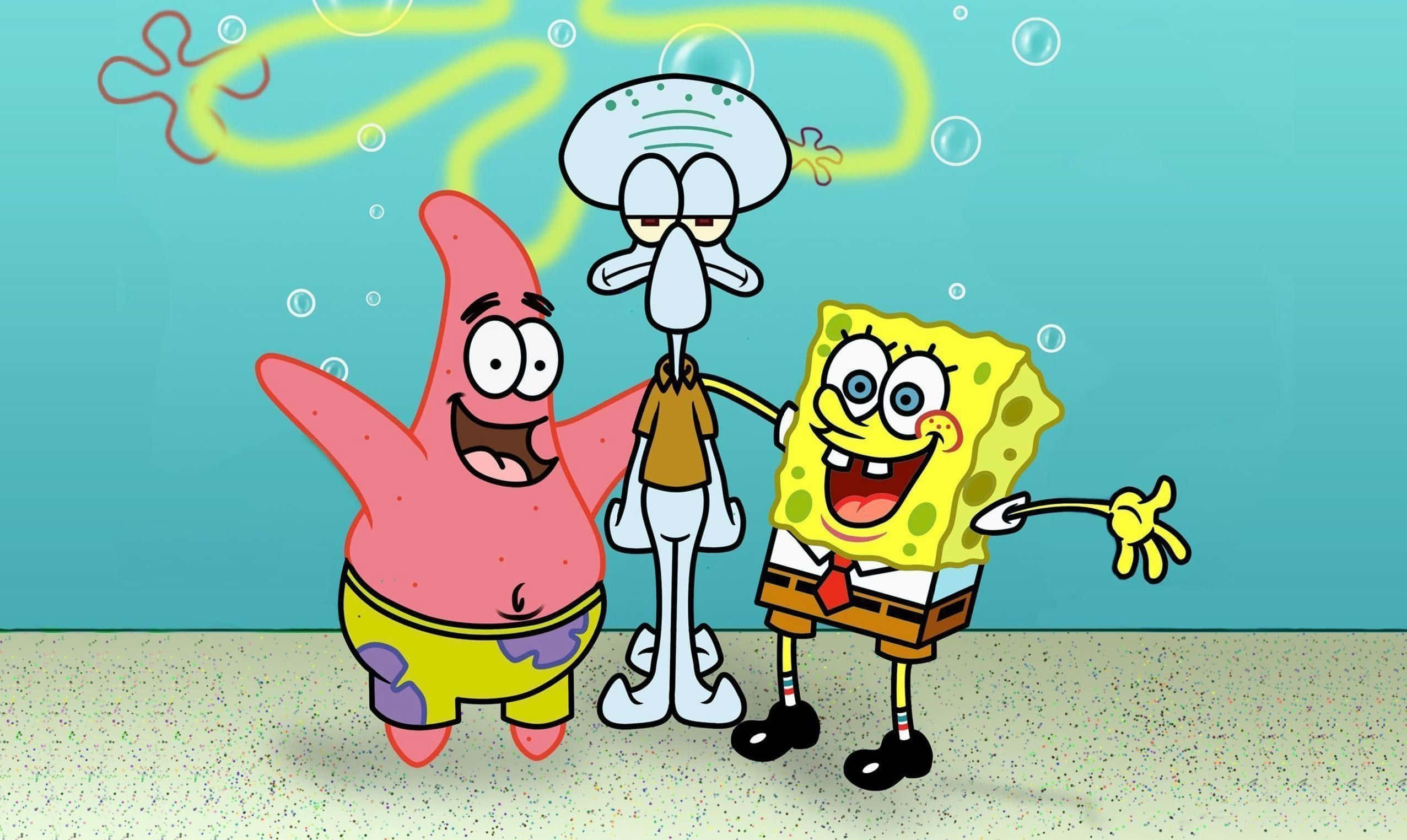 Aesthetic Spongebob 桌布 壁紙 — 海綿寶寶、派大星和章魚哥一起站在水下，身處一個充滿泡泡和珊瑚的歡樂卡通場景中。