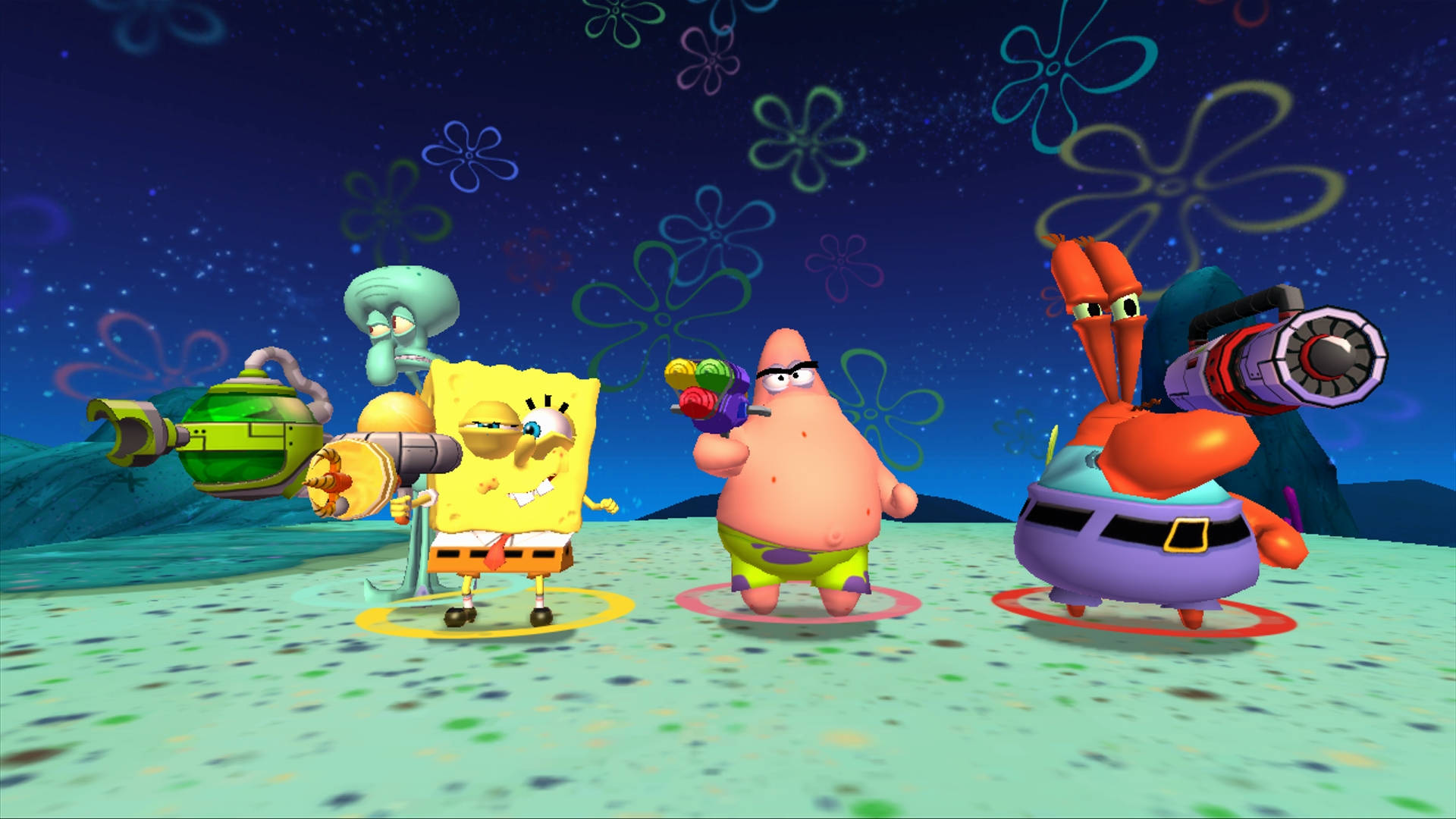 Mr Krabs 桌布 壁紙 — 海綿寶寶、派大星和章魚哥在星光燦爛的夜空下，手持玩具槍，準備就緒，周圍有發光的水母。