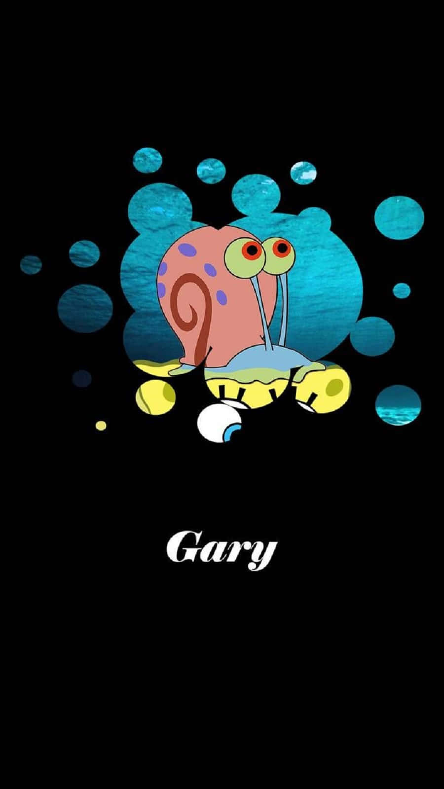 Gary The Snail 桌布 壁紙 — 海綿寶寶中的小蝸加里在黑色背景的藍色氣泡中漂浮，下方有他的名字。