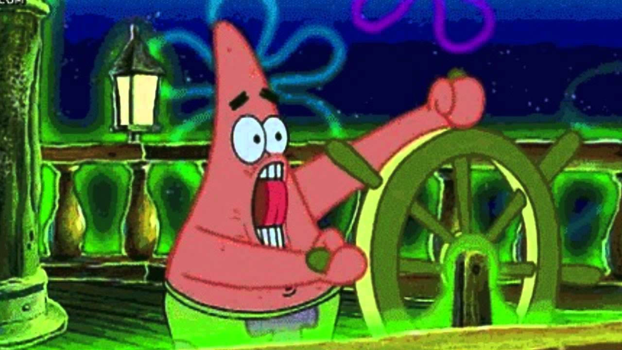 Patrick 桌布 壁紙 — 海綿寶寶中的派大星在霓虹綠和紫色燈光下，握緊拳頭抓住船舵尖叫。