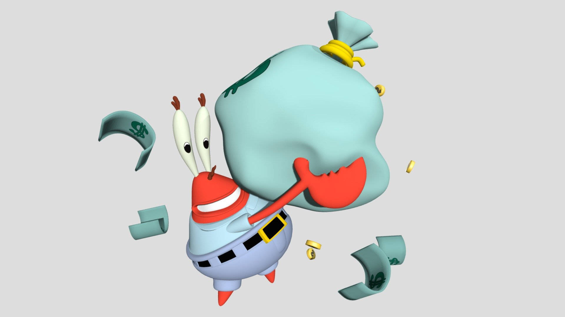 Mr Krabs 桌布 壁紙 — 海綿寶寶中的章魚哥以3D渲染卡通風格，手持一個巨大的錢袋，周圍散落著現金，他的帽子在飛舞。