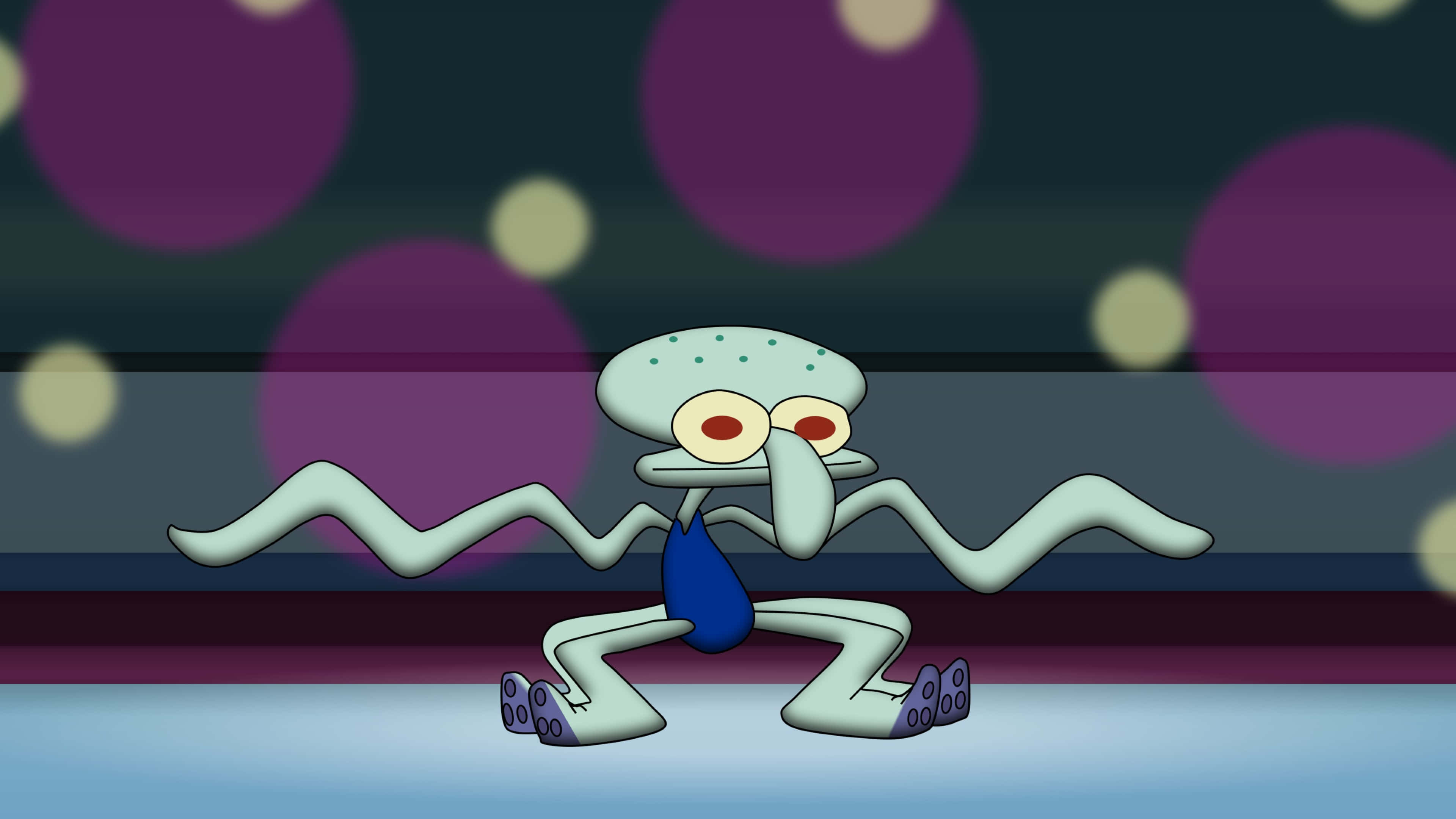 Squidward 桌布 壁紙 — 海綿寶寶中的章魚哥僵硬地站在昏暗的房間裡，身後有紫色和黃色的散景燈光。