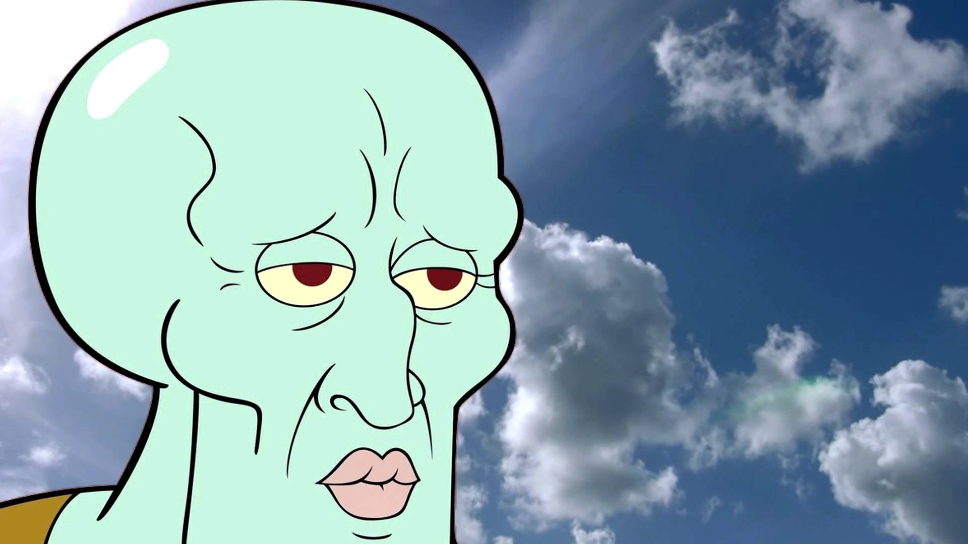 Tentacles 桌布 壁紙 — 海綿寶寶中的章魚哥帶著不悅的表情凝視著明亮的藍天和蓬鬆的白雲。