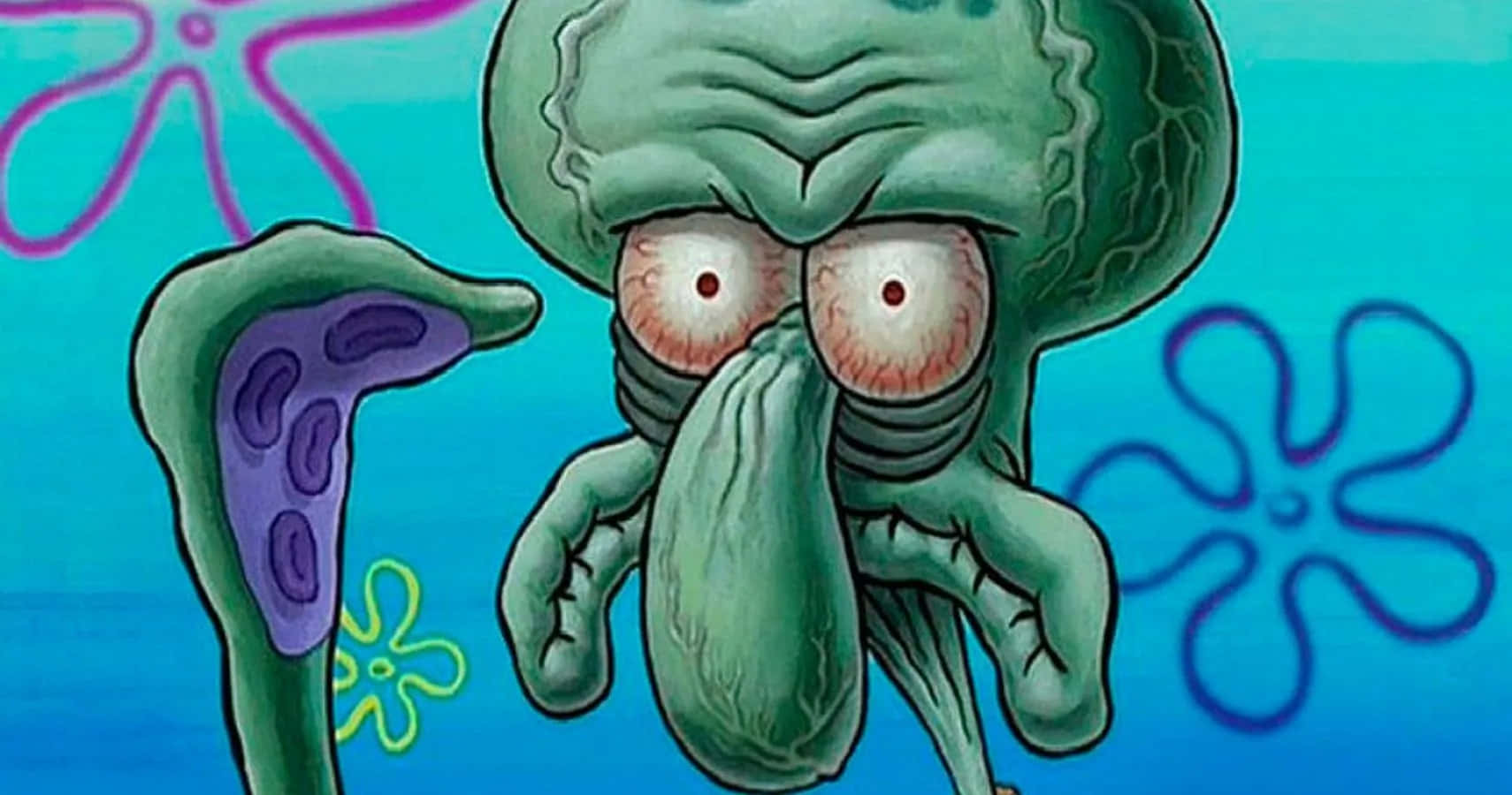 Squidward 桌布 壁紙 — 海綿寶寶中的章魚哥看起來很惱火，雙眼佈滿血絲，臉部皺紋，背景是藍色水底和風格化的花朵。