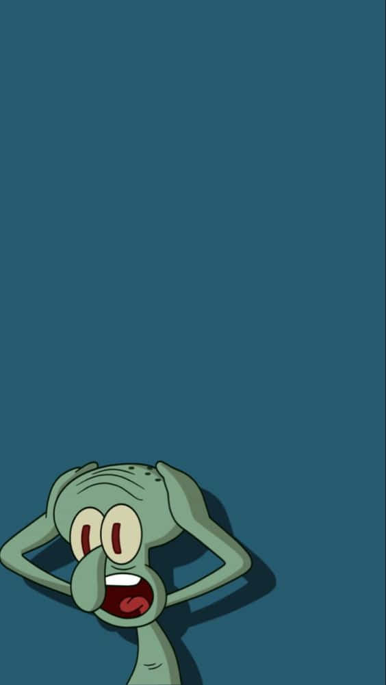 Aesthetic Squidward 桌布 壁紙 — 海綿寶寶中的章魚哥雙手抱頭，看起來壓力很大，背景是純青色。