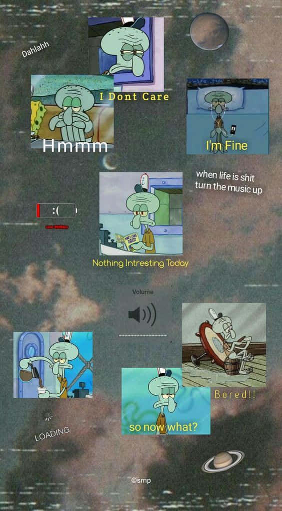 Aesthetic Squidward 桌布 壁紙 — 海綿寶寶中章魚哥的拼貼畫，在宇宙背景上以文字疊加表達無聊和冷漠。