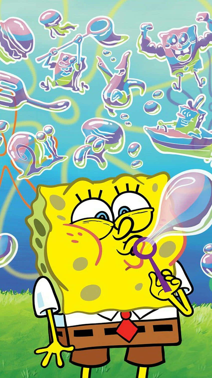 Aesthetic Spongebob 桌布 壁紙 — 海綿寶寶吹出一個巨大泡泡，周圍漂浮著卡通角色和海洋生物，呈現充滿活力的海底場景。