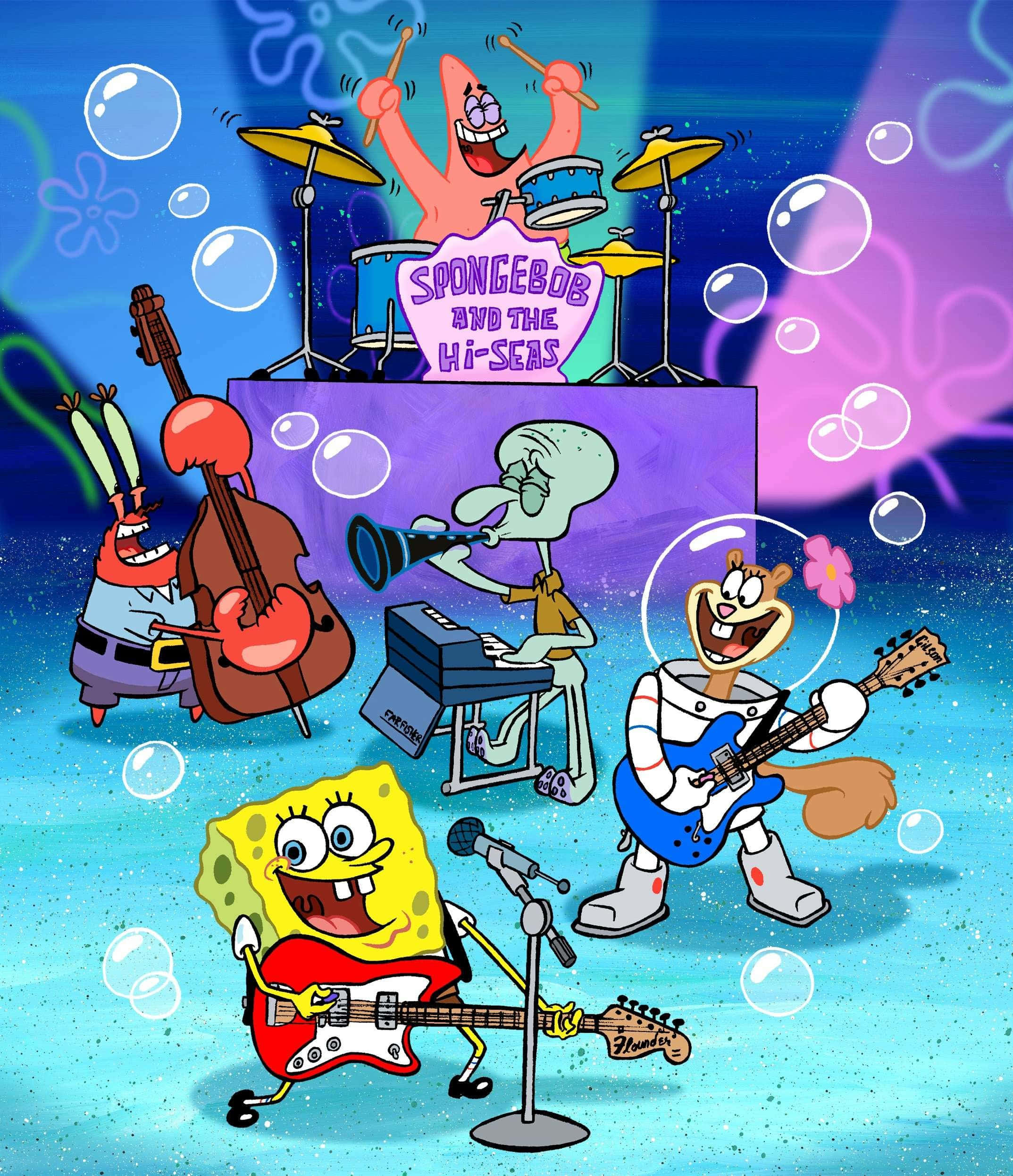 Spongebob Characters 桌布 壁紙 — 海綿寶寶和他的樂隊在水下演奏活潑的音樂，氣泡在他們周圍漂浮。
