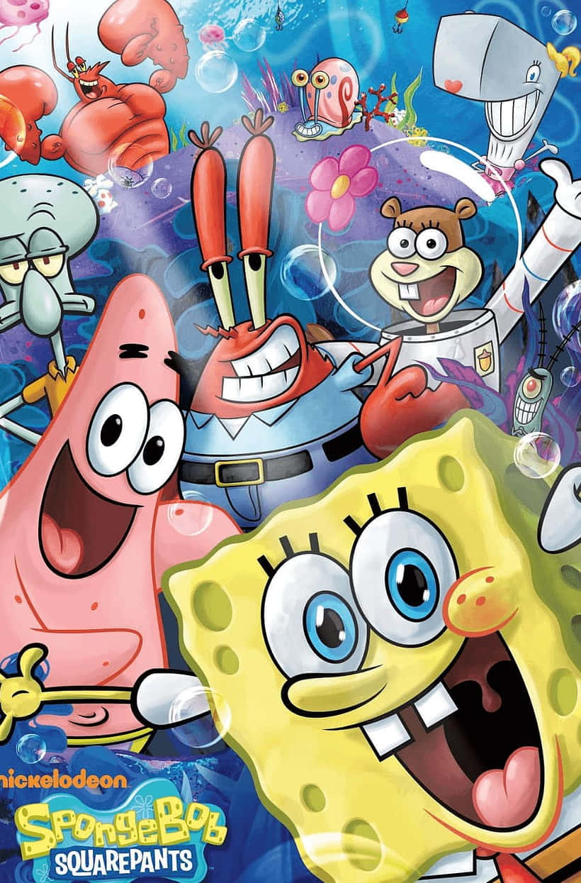 Spongebob Characters 桌布 壁紙 — 海綿寶寶和好友們在水下歡樂聚集，充滿氣泡和海洋生物的活力卡通場景。
