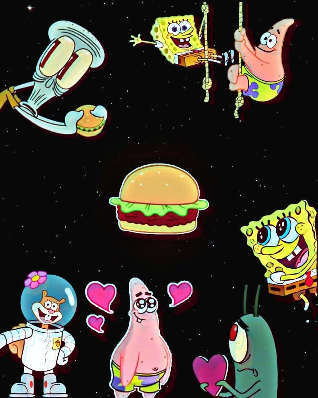 Aesthetic Spongebob 桌布 壁紙 — 海綿寶寶和朋友們在太空圍繞一個巨型漢堡快樂漂浮，背景有心形和星星。