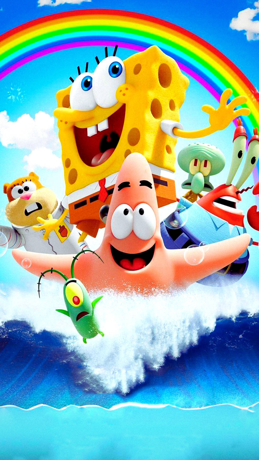 spongebob rainbow 桌布 壁紙 — 海綿寶寶和朋友們在明亮陽光的海洋場景中，在鮮豔的彩虹下快樂地乘著破碎的波浪。