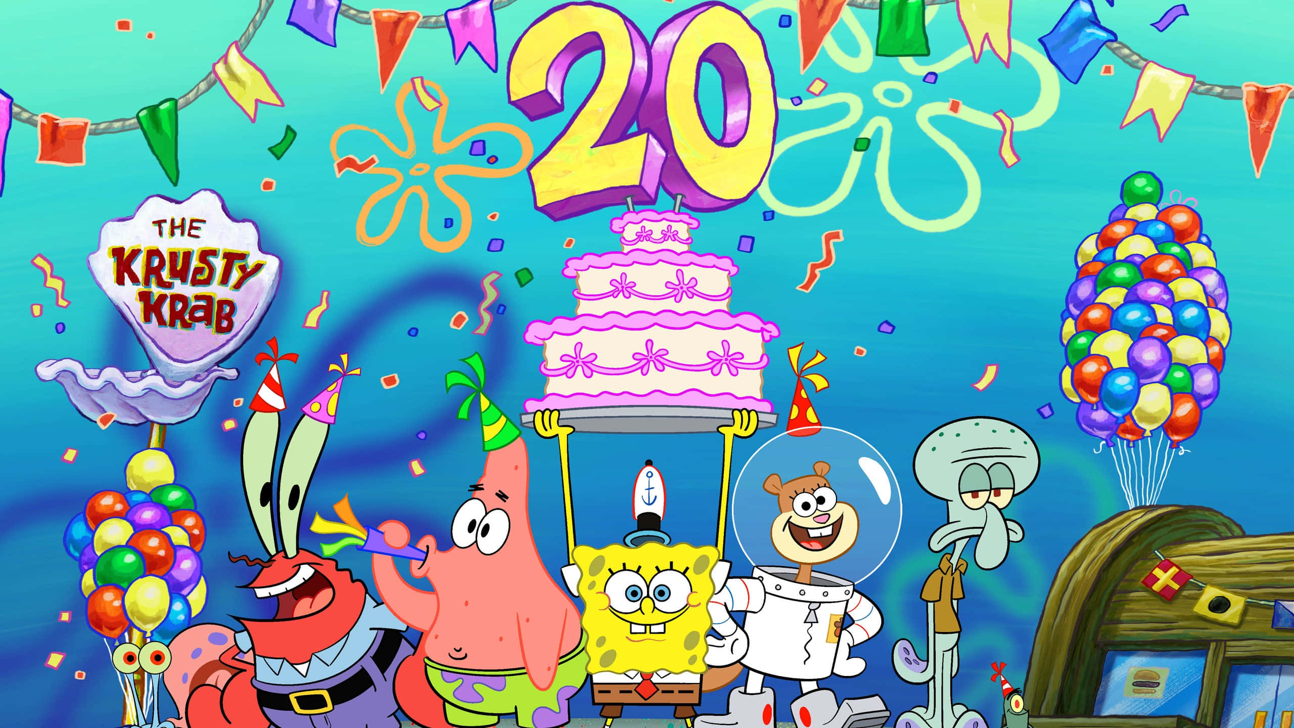 Spongebob Characters 桌布 壁紙 — 海綿寶寶和朋友們在水下用巨型蛋糕、氣球和五彩紙屑慶祝蟹堡王20週年。