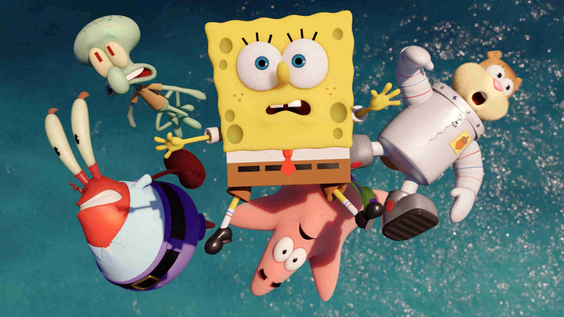 Mr Krabs 桌布 壁紙 — 海綿寶寶和朋友們在混亂的海底場景中翻滾於海水中。