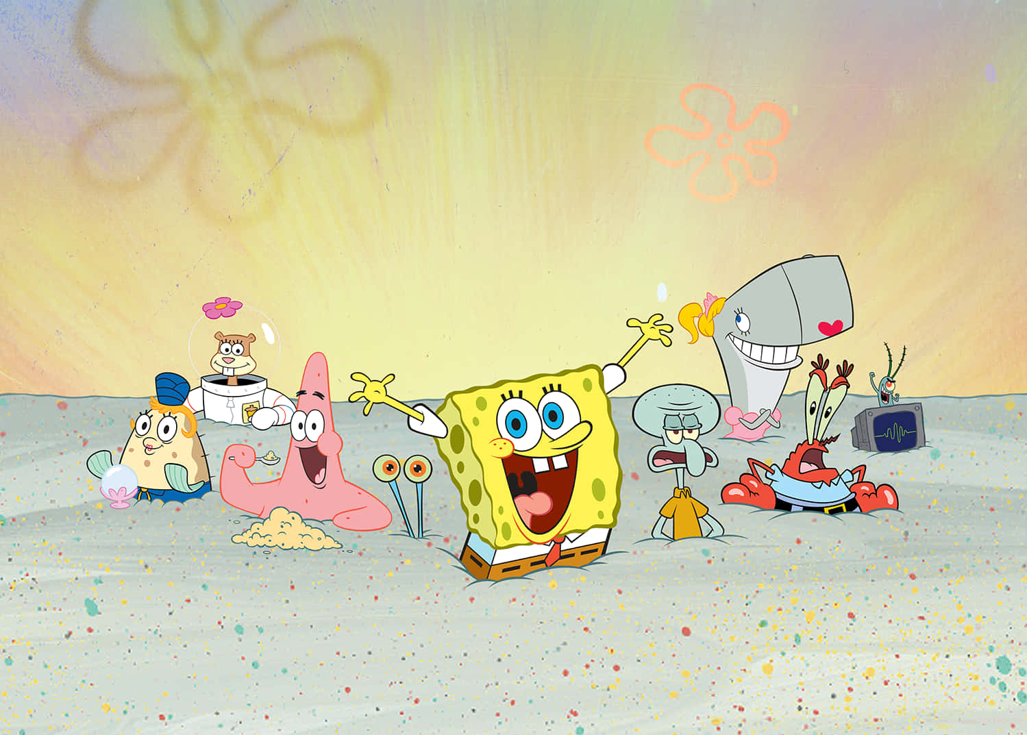 Aesthetic Spongebob 桌布 壁紙 — 海綿寶寶和朋友們在溫暖發光的天空下，在沙質海底歡樂慶祝。