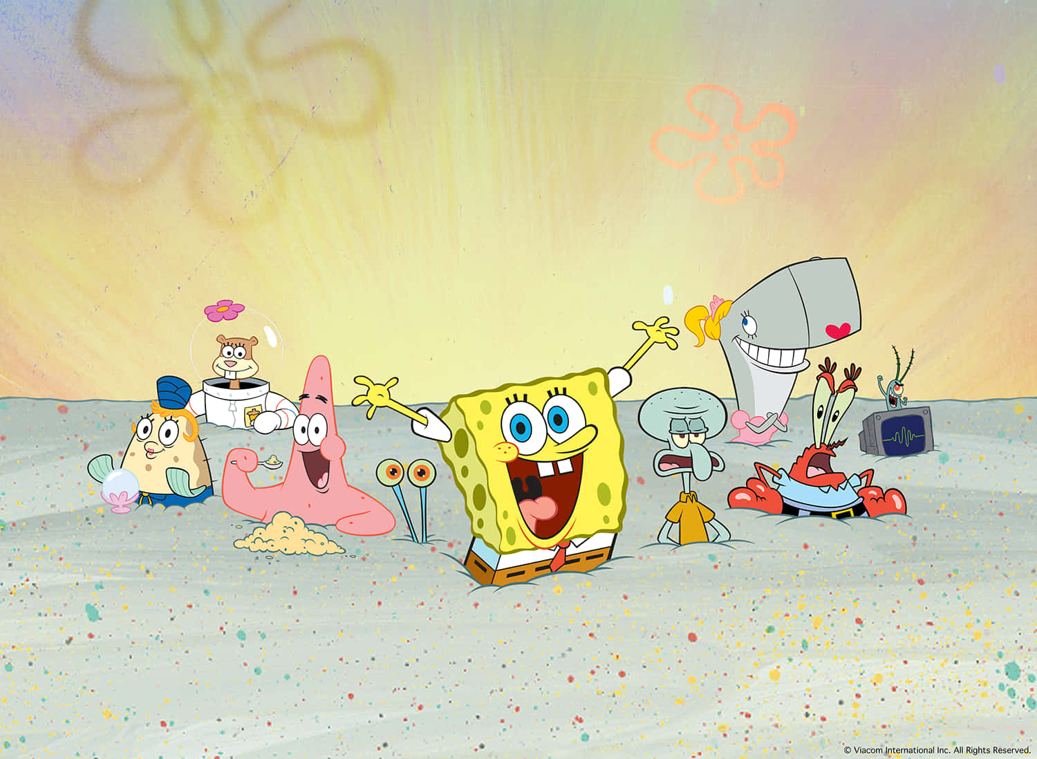 Aesthetic Spongebob 桌布 壁紙 — 海綿寶寶和朋友們在溫暖閃爍的天空下，在佈滿彩色珊瑚剪影的沙質海底歡樂慶祝。