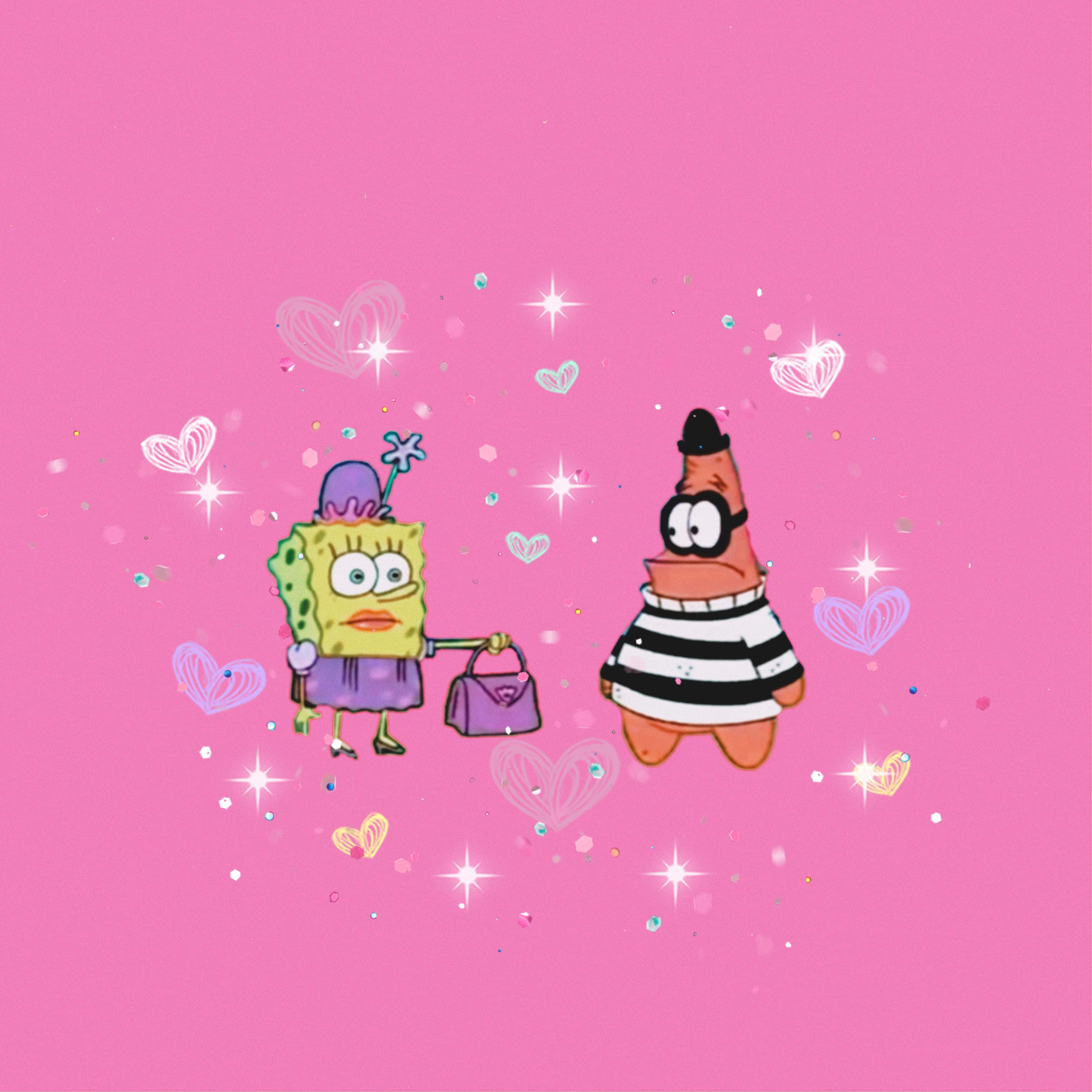 spongebob squarepants 桌布 壁紙 — 海綿寶寶和派大星一起站在一個閃閃發光的粉紅色背景前，背景裝飾著心形和閃粉。