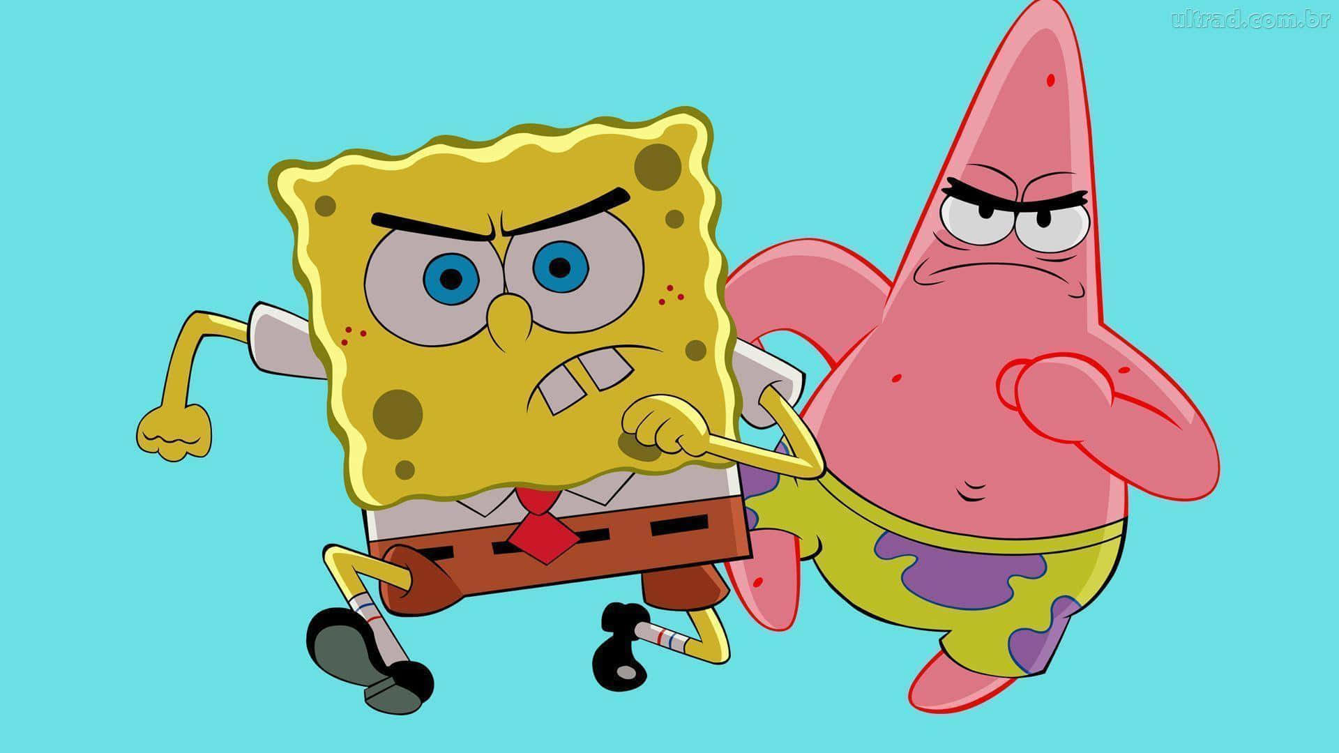 Spongebob Face 桌布 壁紙 — 海綿寶寶和派大星並肩站立，表情憤怒，背景為純青色。