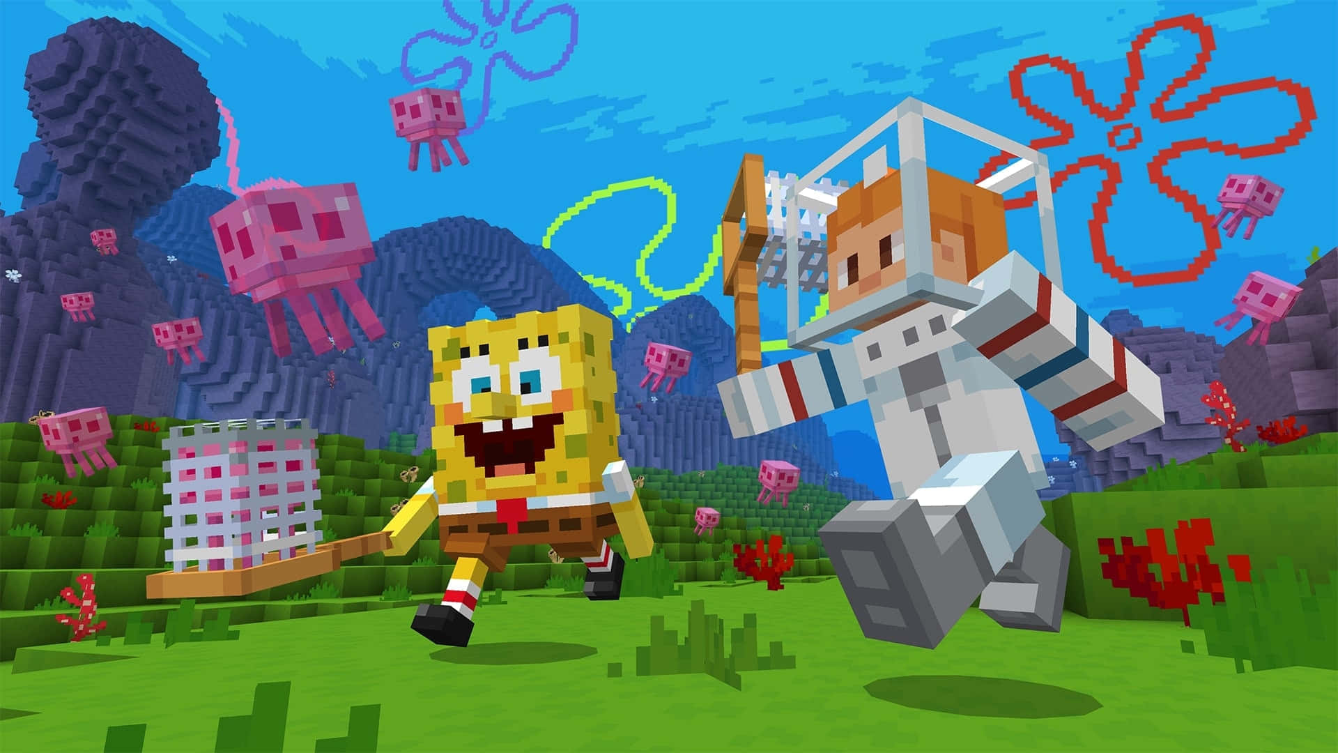 Jellyfish Fields 桌布 壁紙 — 海綿寶寶和派大星以方塊Minecraft風格奔跑在充滿粉紅色水母和珊瑚的 vibrant 水下景觀中。