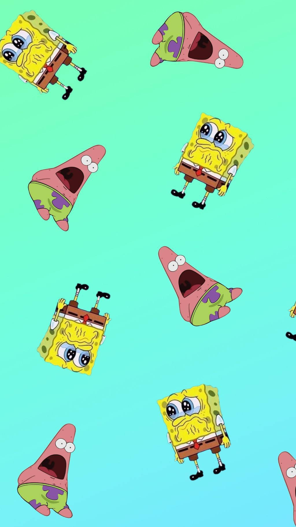 Spongebob And Patrick 桌布 壁紙 — 海綿寶寶和派大星卡通角色在青綠色背景上以重複圖案漂浮。