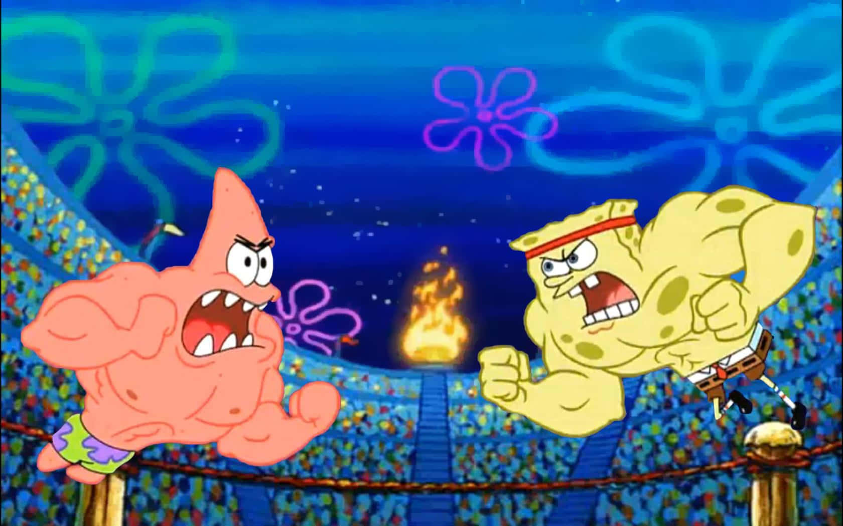 Spongebob And Patrick 桌布 壁紙 — 海綿寶寶和派大星在一個充滿歡呼粉絲的充滿活力的水下摔角場中激烈戰鬥。