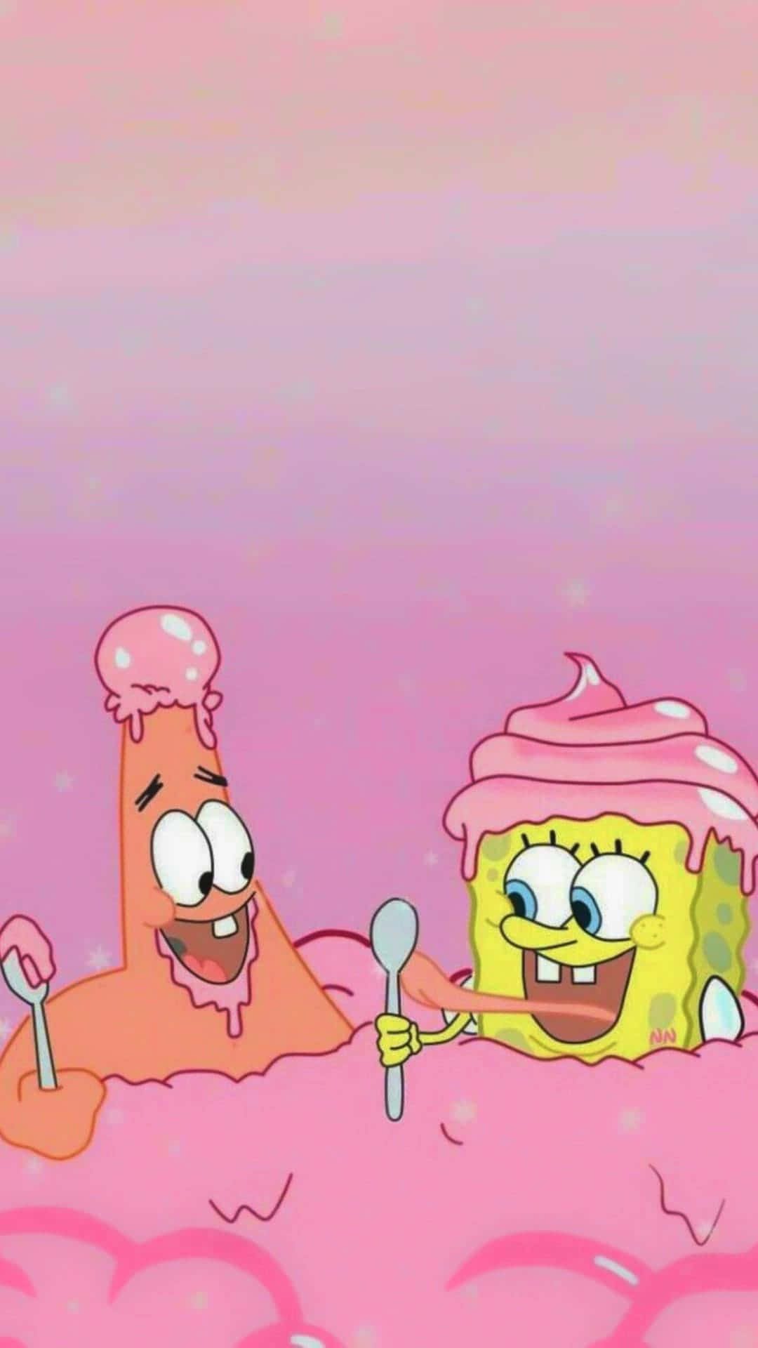 spongebob squarepants 桌布 壁紙 — 海綿寶寶和派大星在一個帶有閃粉的夢幻粉紅泡泡浴中快樂地吃著粉紅冰淇淋。