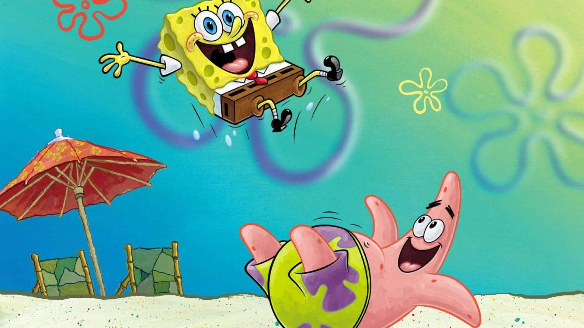 spongebob squarepants 桌布 壁紙 — 海綿寶寶和派大星在充滿活力的海底場景中快樂跳躍，旁邊有沙灘傘和椅子。
