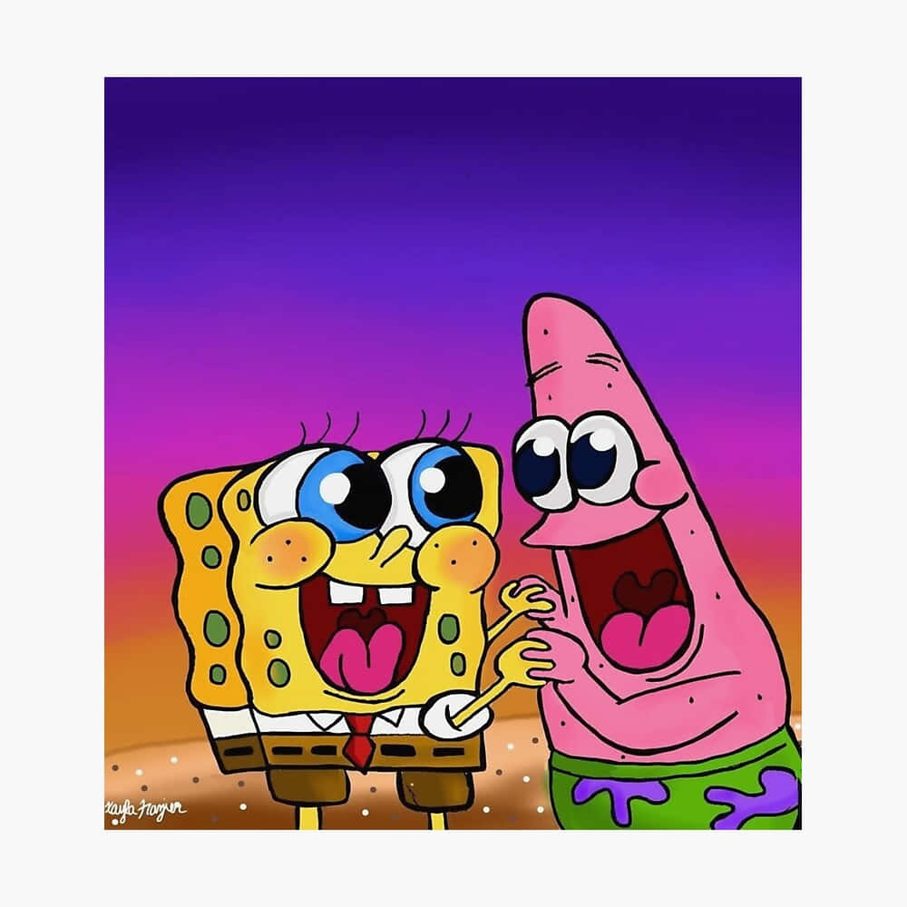 Ugly Spongebob 桌布 壁紙 — 海綿寶寶和派大星在充滿活力的紫橙色日落天空下快樂地擁抱。