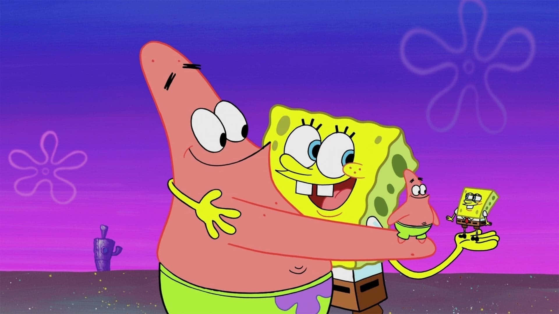 Spongebob And Patrick 桌布 壁紙 — 海綿寶寶和派大星在充滿活力的紫色水下場景中快樂地擁抱，派大星的手上有一個小小的海綿寶寶。