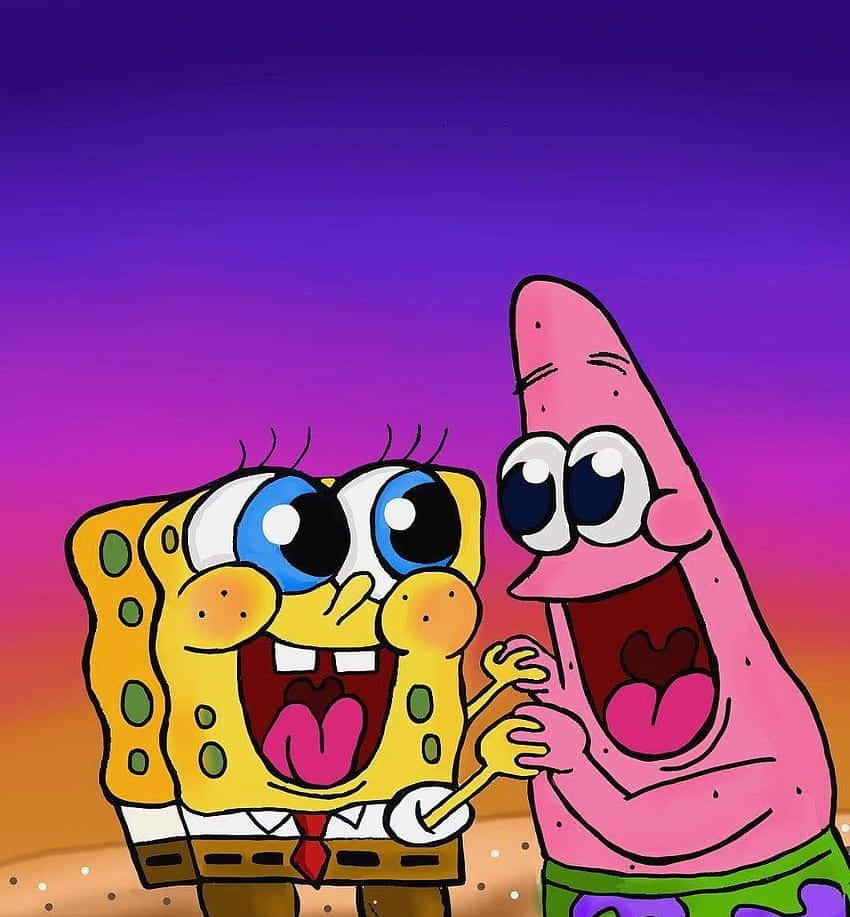 Aesthetic Spongebob 桌布 壁紙 — 海綿寶寶和派大星在充滿活力的紫色橙色日落天空下快樂地擁抱。