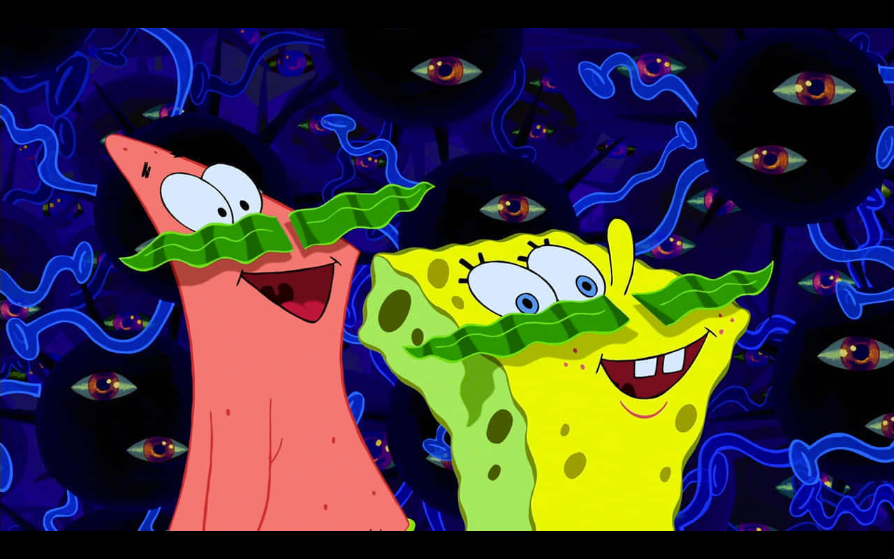 Aesthetic Spongebob 桌布 壁紙 — 海綿寶寶和派大星在充滿發光眼睛和藍色觸手的黑暗背景上，臉上帶著生菜微笑。