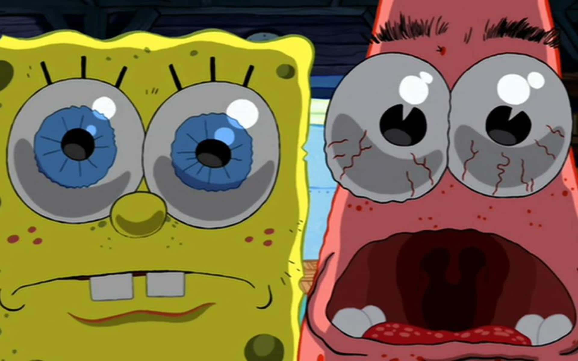 Spongebob And Patrick 桌布 壁紙 — 海綿寶寶和派大星在卡通場景中睜大震驚的眼睛凝視。