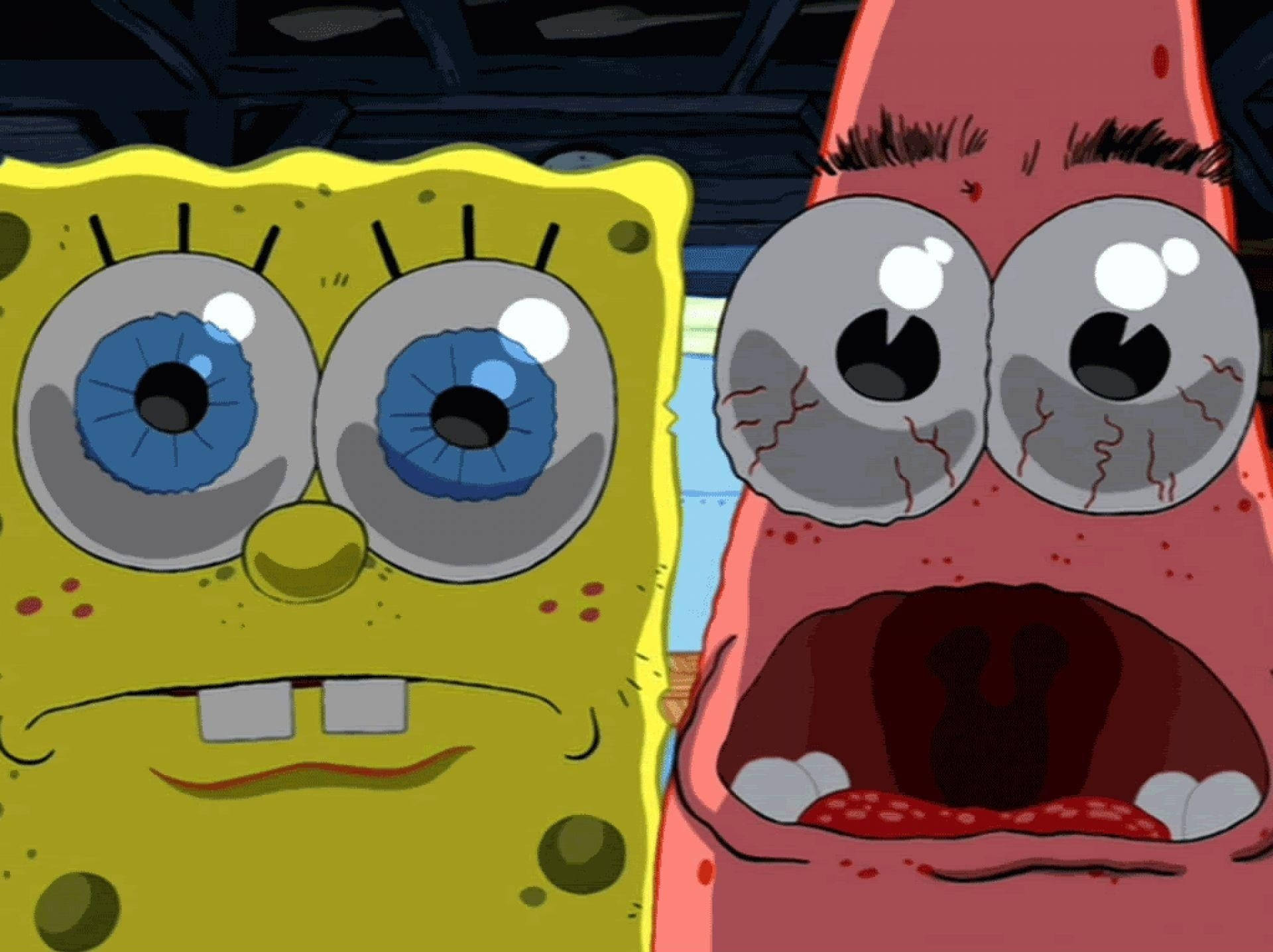 Cool Spongebob 桌布 壁紙 — 海綿寶寶和派大星在卡通場景中睜大驚恐的眼睛凝視著。