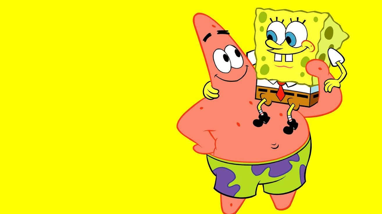 Spongebob Characters 桌布 壁紙 — 海綿寶寶和派大星在明亮的黃色背景前開心地擁抱。