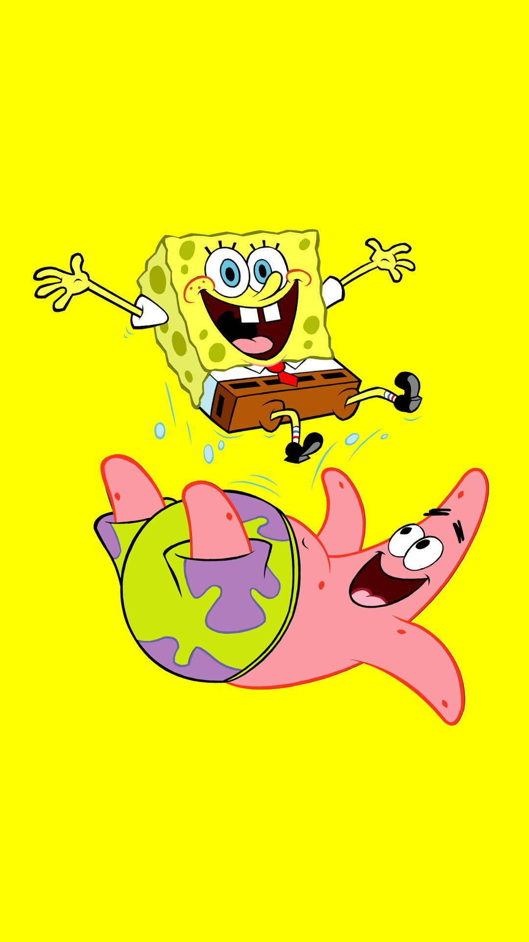 spongebob squarepants 桌布 壁紙 — 海綿寶寶和派大星在明亮的黃色虛空中歡快地跳躍，充滿卡通能量和燦爛笑容。