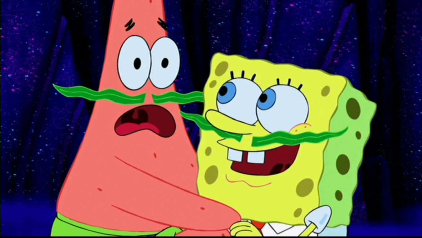 Funny Patrick 桌布 壁紙 — 海綿寶寶和派大星在星空背景下分享一個傻乎乎的時刻，戴著綠色海藻鬍鬚。