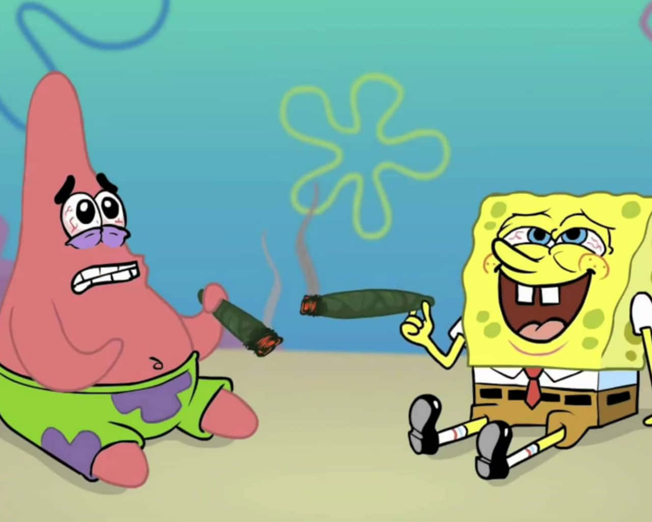 Spongebob Face 桌布 壁紙 — 海綿寶寶和派大星在水下抽雪茄，表情誇張卡通。