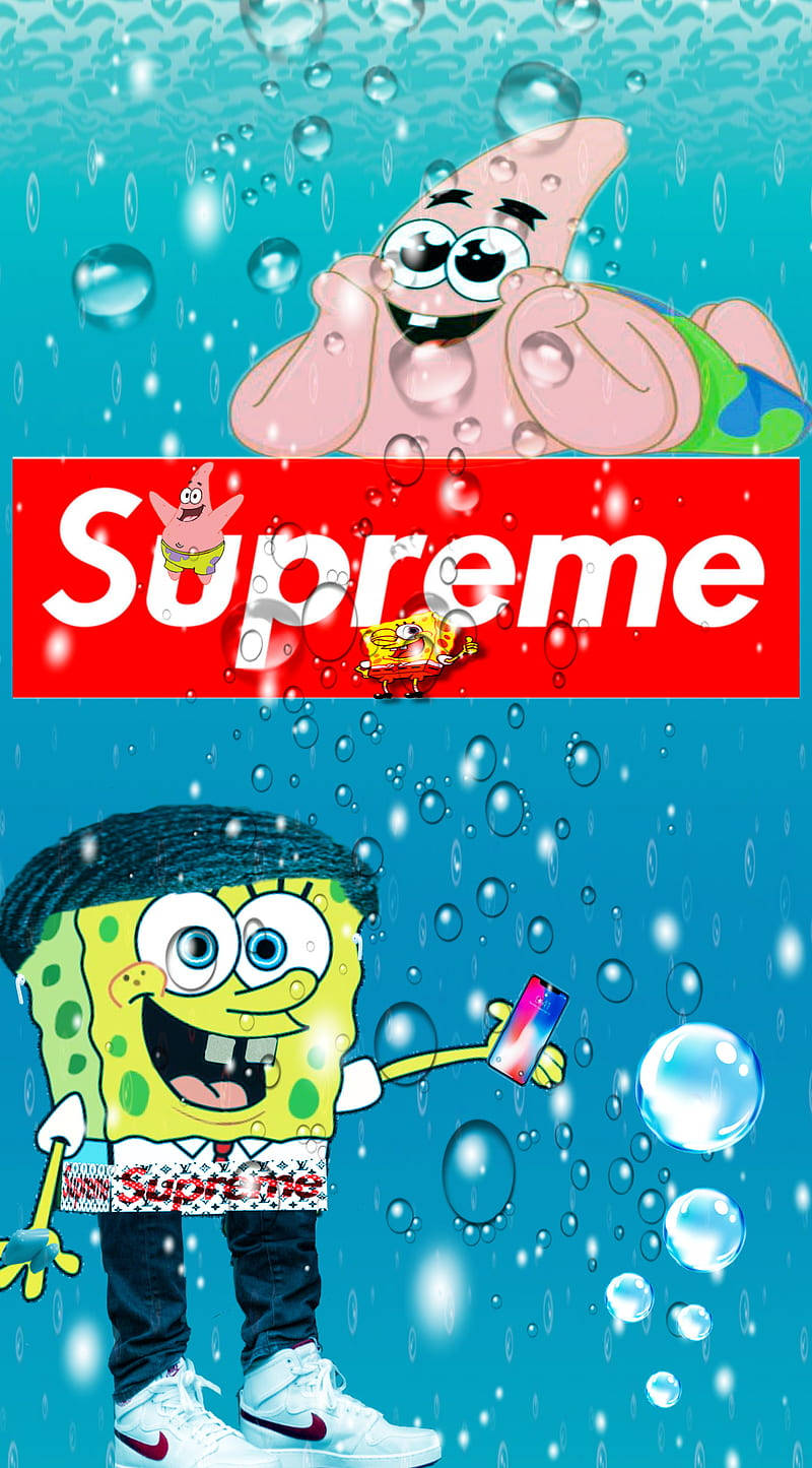 海綿寶寶和派大星在水下與氣泡和Supreme標誌一起。 — Supreme GIF 壁紙