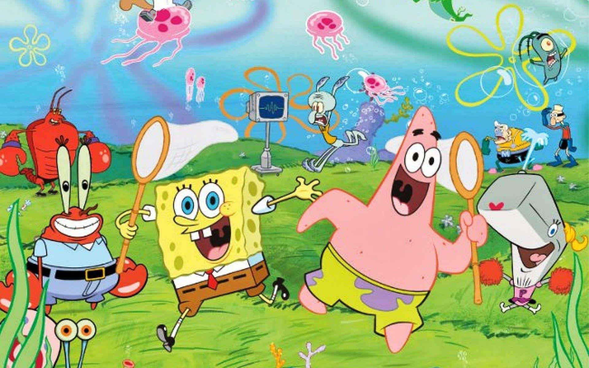spongebob squarepants 桌布 壁紙 — 海綿寶寶和派大星在水下與朋友們在色彩繽紛的水母和珊瑚中快樂地打網球。