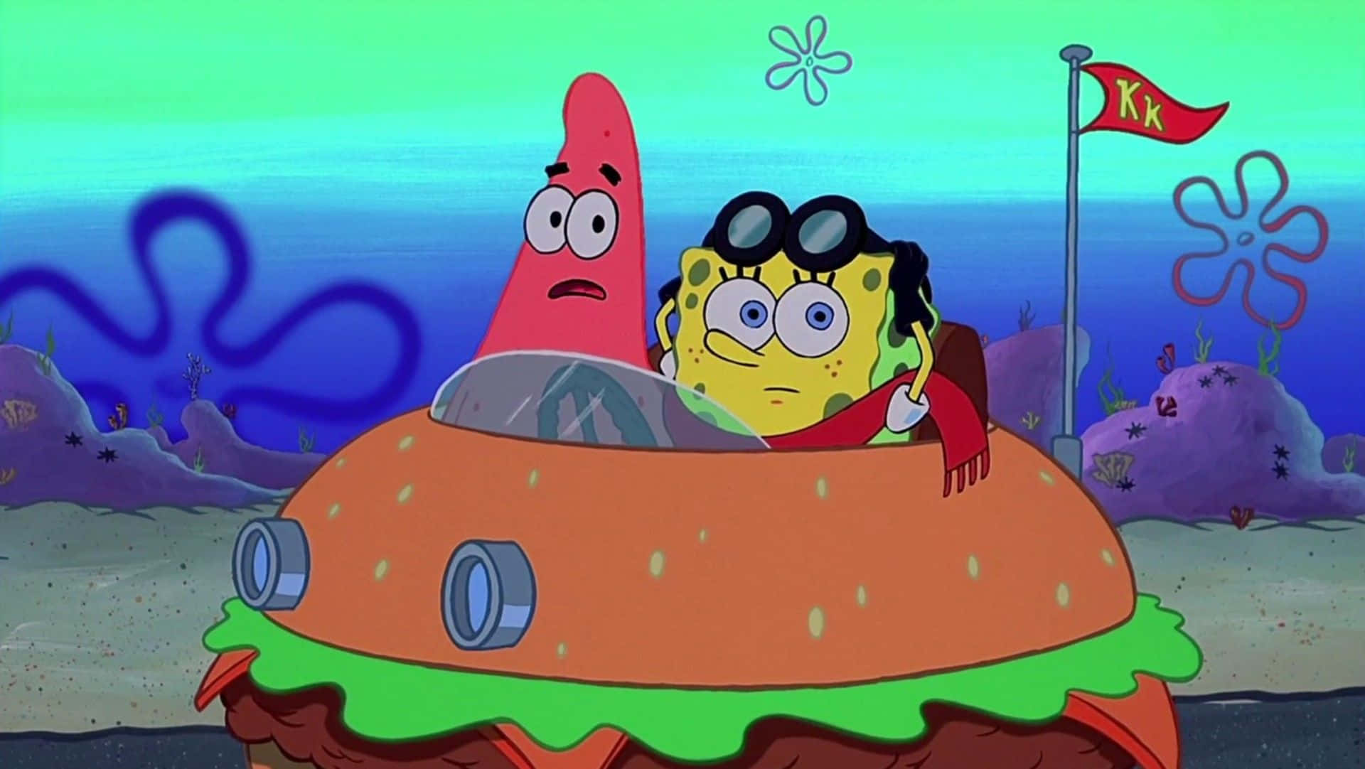 Spongebob And Patrick 桌布 壁紙 — 海綿寶寶和派大星在水下駕駛一輛漢堡形狀的汽車，車上有一面帶有K字的紅旗。